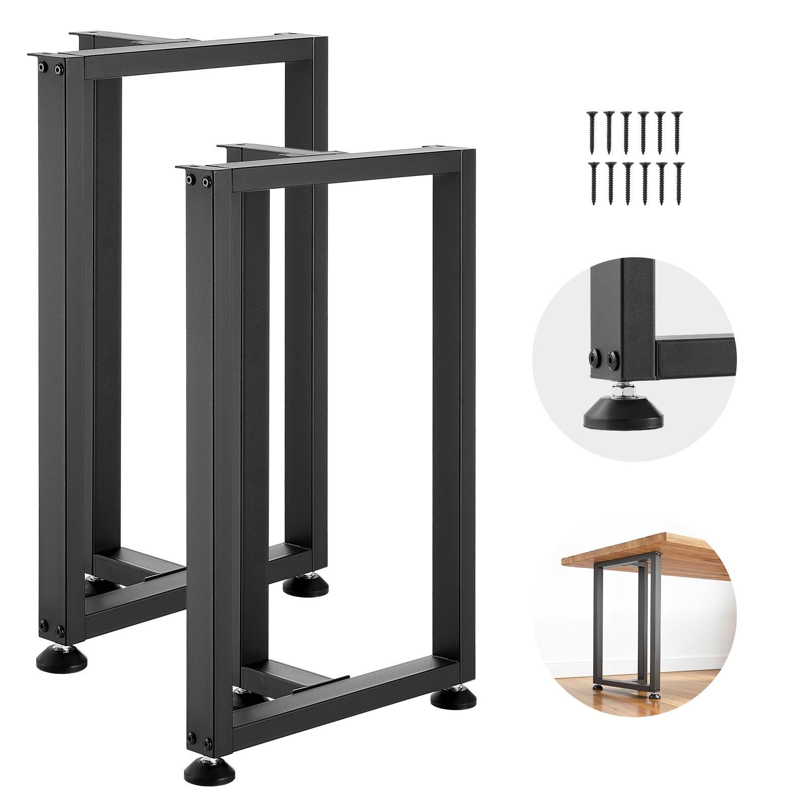 Paar schwarze Metallmöbelbeine mit verstellbaren Nivellierfüßen, gezeigt mit beigefügten Schrauben und Nahaufnahme der Montagedetails und Tischplatteninstallation.