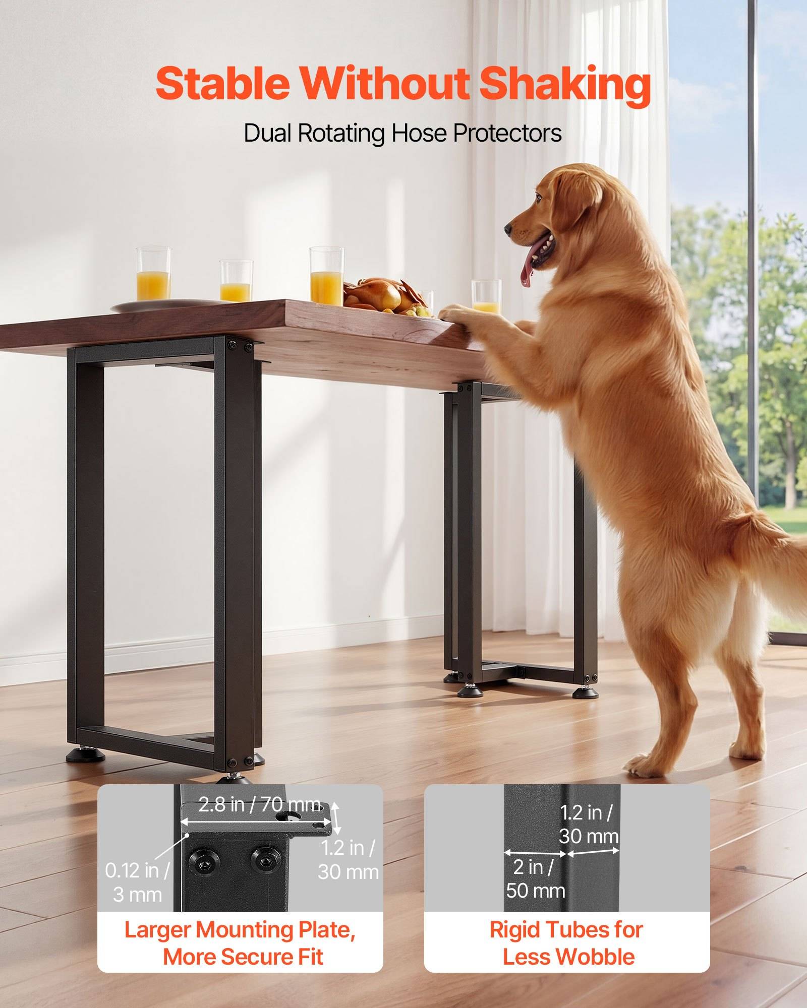 Goldenretriever steht mit Vorderpfoten auf einem Tisch neben dem Text „Stabil ohne Wackeln" und „Dual-Drehschutzbügel für Schläuche"", zeigt eine größere Montageplatte und starre Rohre für weniger Wackeln.