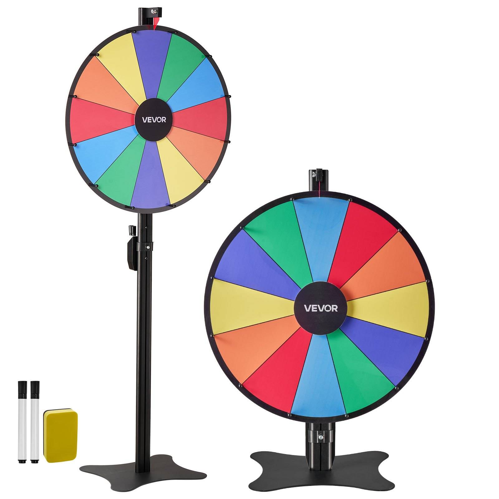 Zwei farbenfrohe VEVOR-Preisräder auf Ständern, eines hoch und eines für den Tisch, mit Markern und einem Radiergummi für die Spielnutzung.