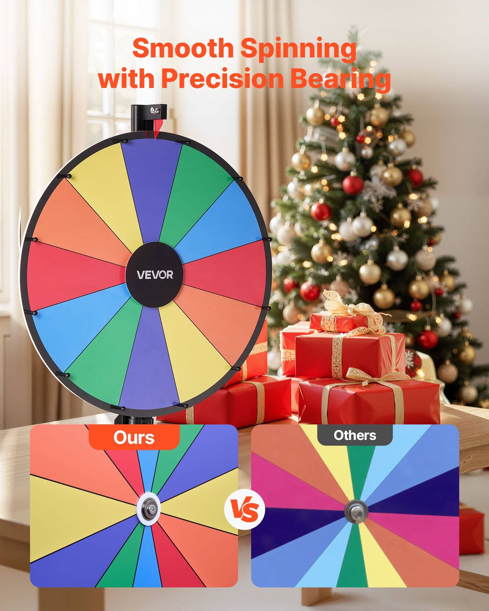 Farbenfroher Preisrad mit Text "Smooth Spinning with Precision Bearing"", das die Rotationsflüssigkeit des Rades von ""Unseres"" und ""Anderer"" neben einem Weihnachtsbaum und Geschenken vergleicht.