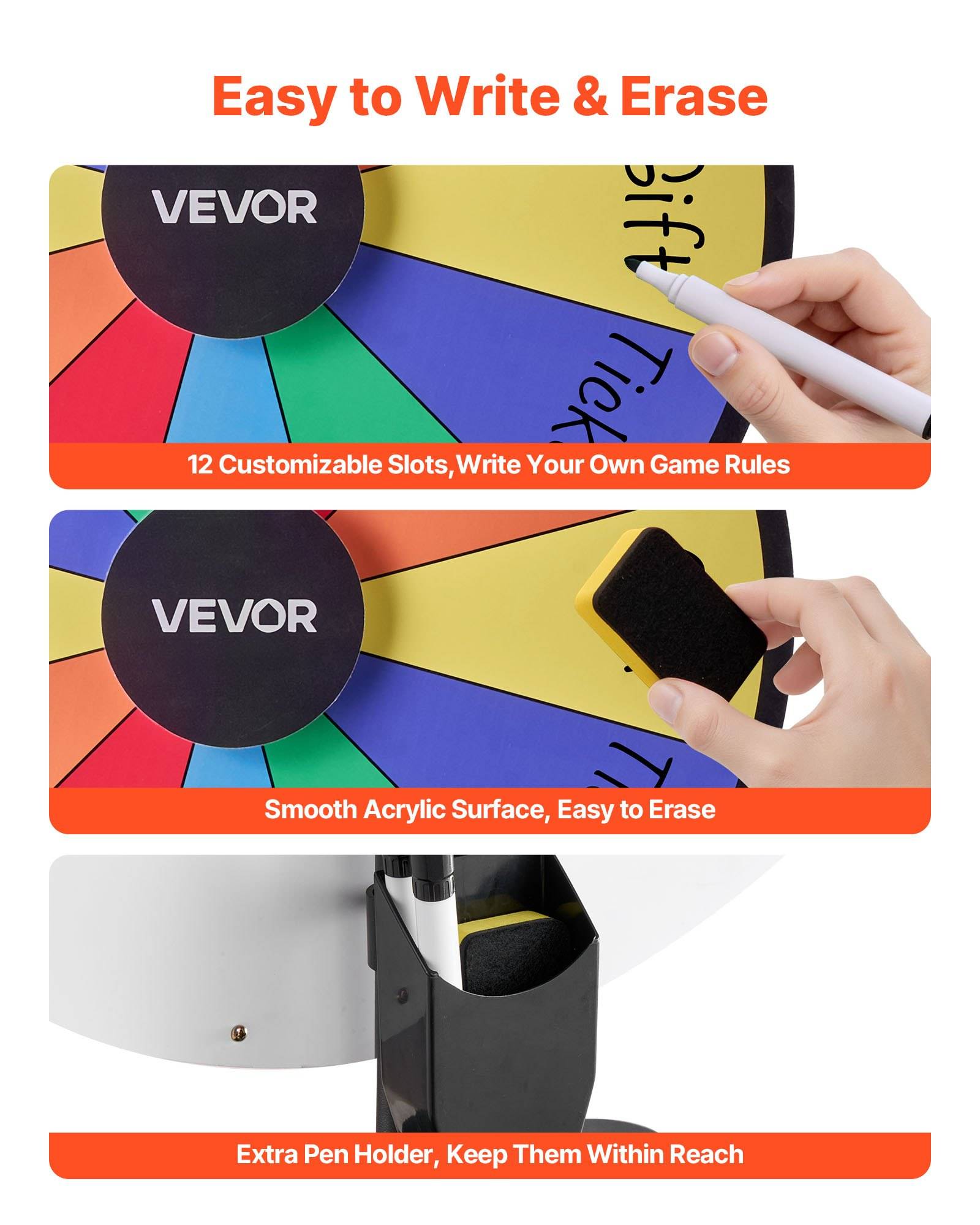 Werbegrafik, die ein anpassbares VEVOR-Spinner-Spielbrett zeigt, das mit einem Marker beschrieben und gelöscht wird, plus ein Stifthalter-Zubehör.