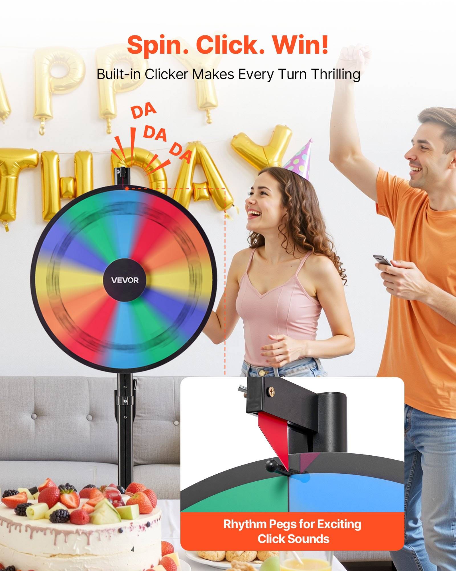Partyspiel-Spinner mit eingebautem Clicker, gezeigt bei einer Feier mit jubelnden Menschen und Beispiel-Gewinn- und Soundfunktionen.