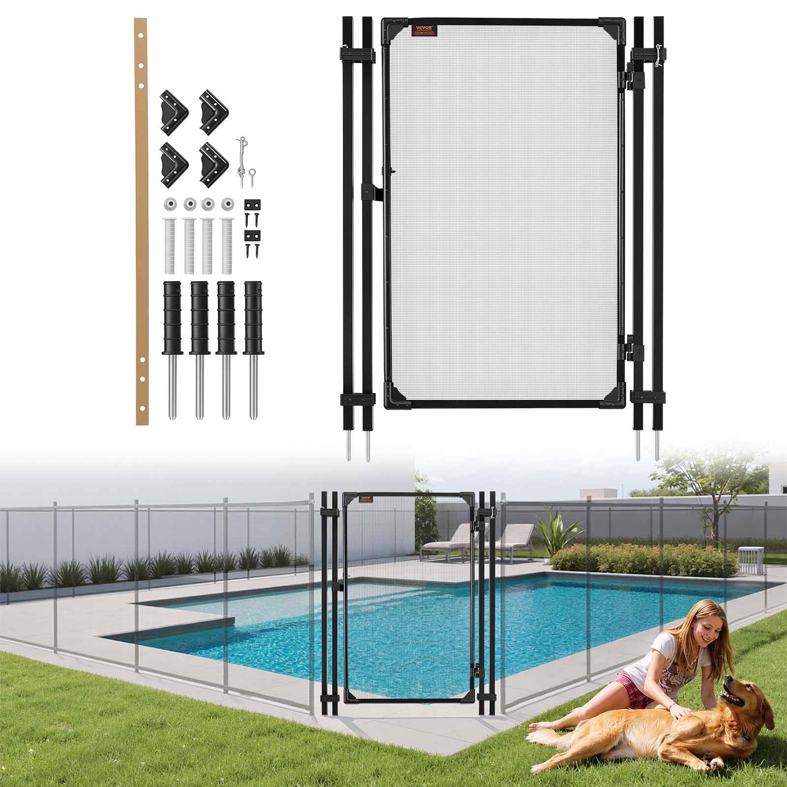 Sicherheitszaunset für Pools mit Tor, Pfosten, Beschlägen und Netzpaneelen, das um einen Hinterhof-Swimmingpool mit Kind und Hund in der Nähe installiert ist.