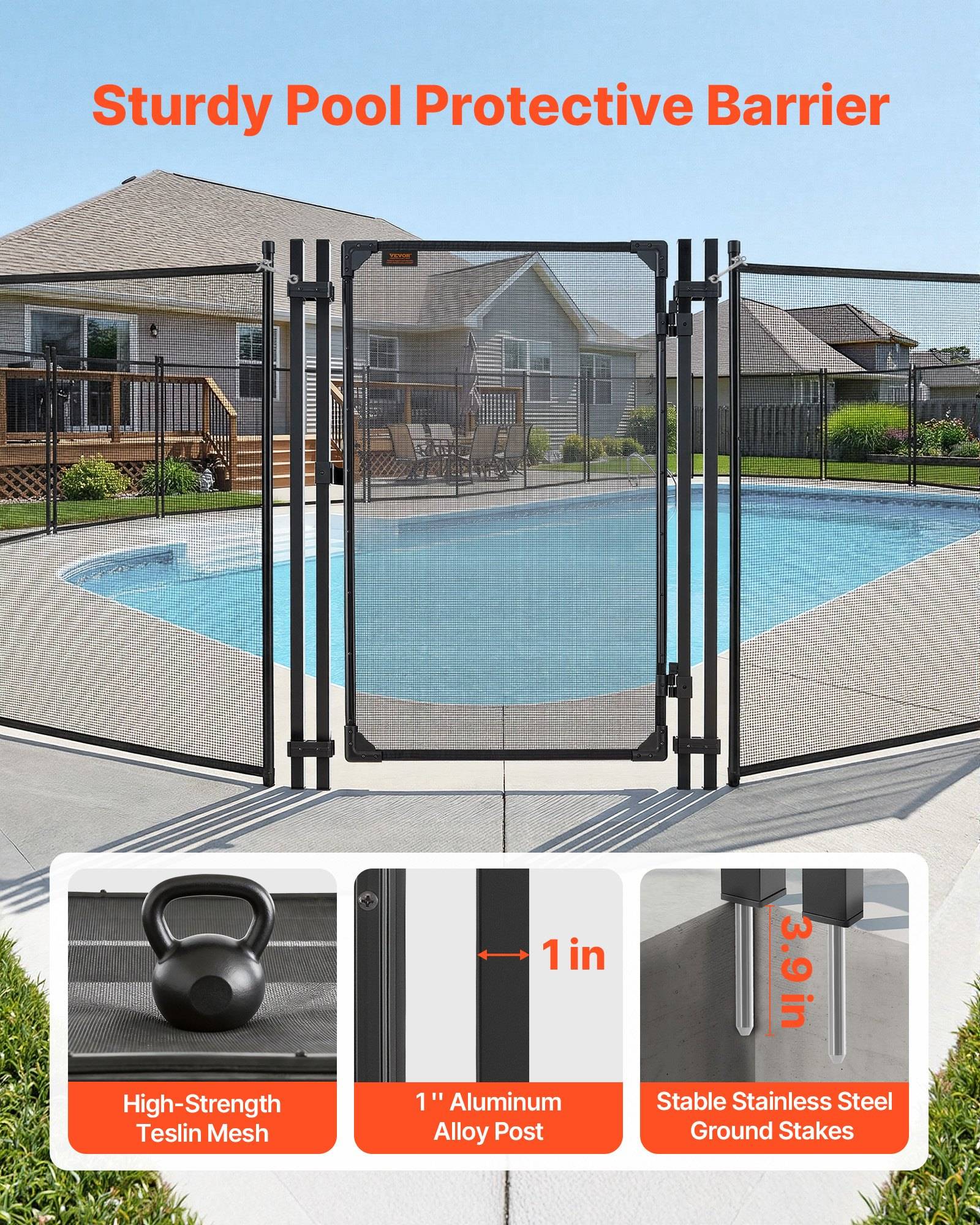 Poolsicherheitsbarriere mit Maschentor um einen Swimmingpool im Hinterhof; Der Text hebt hochfestes Teslin-Netz, 1-Zoll-Aluminiumprofile und 3,9-Zoll-Edelstahlerdanker hervor.
