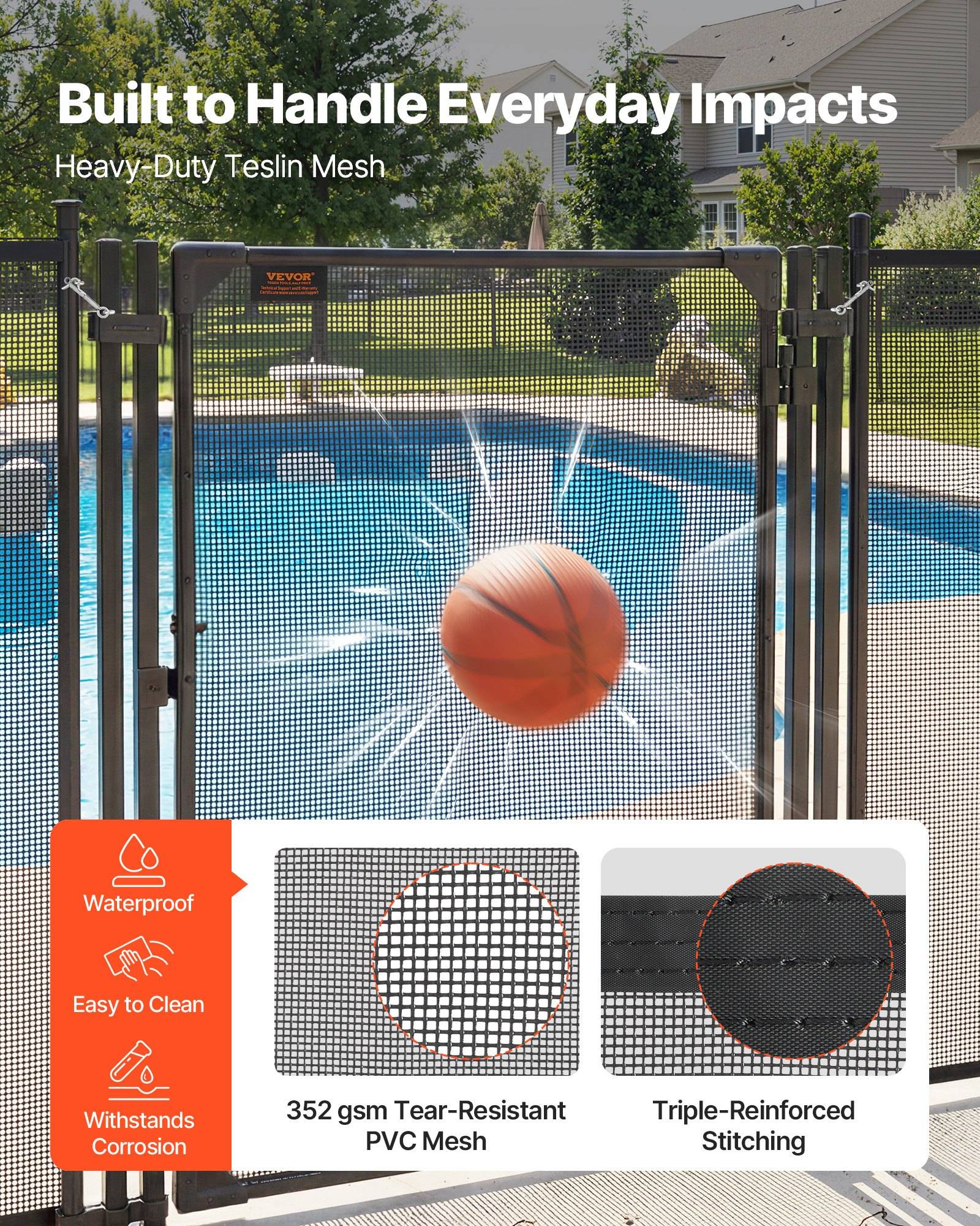 Poolsicherheitstor mit robustem Netzpanel, dargestellt mit dem Text „Gebaut für alltägliche Belastungen" und Merkmale: wasserdicht, leicht zu reinigen, korrosionsbeständig, reißfestes PVC-Netz, dreifach verstärkte Nähte.