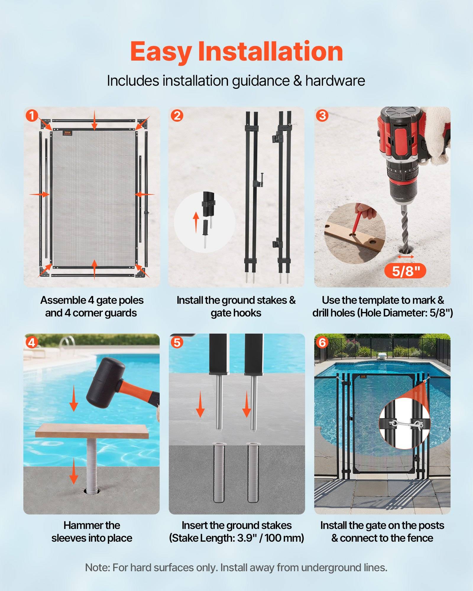 Einfache Installationsanleitung für ein Tor: Pfosten und Schutzvorrichtungen montieren, Pfähle und Haken installieren, 5/8-Zoll-Löcher markieren und bohren, Muffen einhämmern, Pfähle einsetzen und das Tor dann an Pfosten und Zaun befestigen.