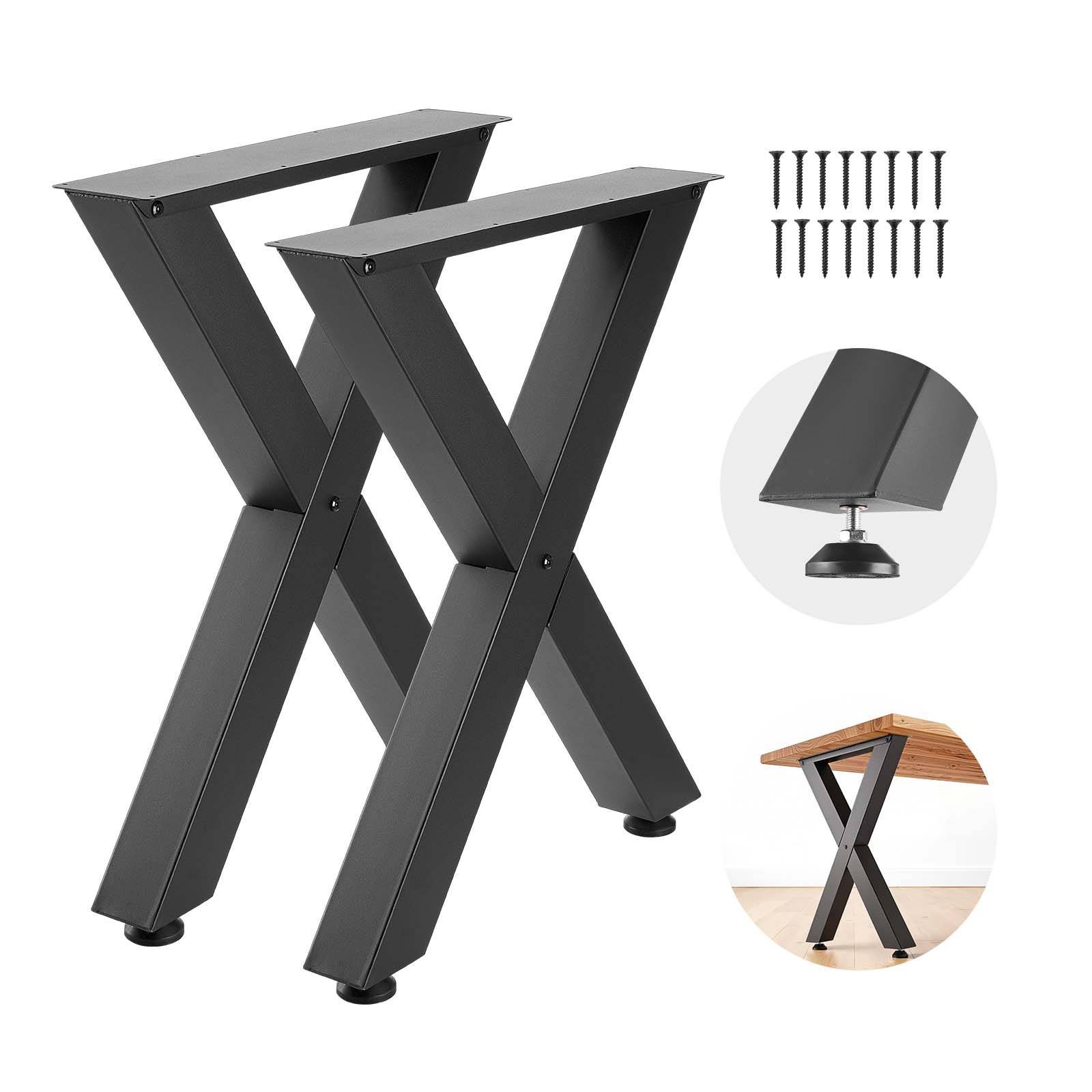 Schwarze X-förmige Metalltischbeine, gezeigt mit beigefügten Schrauben und Detailfotos des Beins in Nahaufnahme sowie montiert auf einem Holztisch.