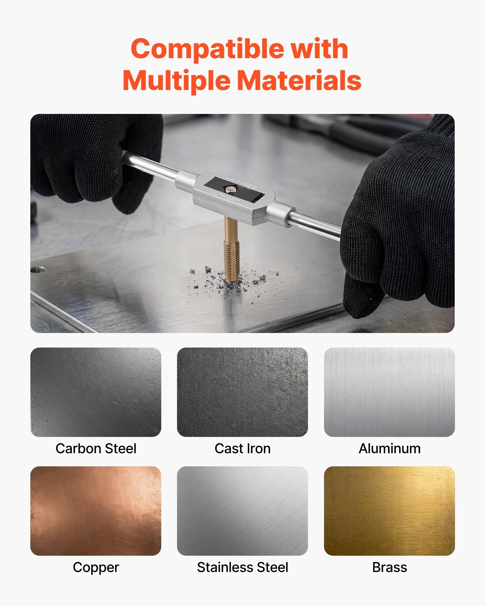 Werkzeug wird beim Testen von Gewinden in mehreren Materialien gezeigt; Text liest „Kompatibel mit mehreren Materialien" und kennzeichnet Kohlenstoffstahl, Gusseisen, Aluminium, Kupfer, Edelstahl, Messing.