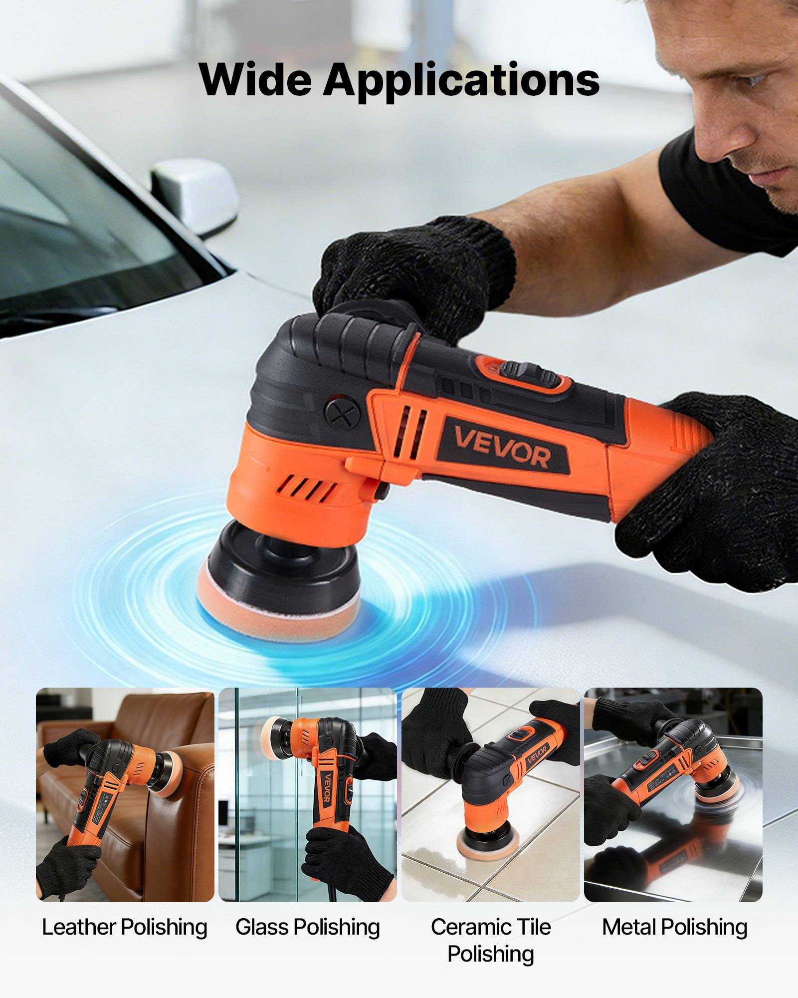 Eine Person verwendet einen tragbaren VEVOR-Poliermaschine auf einer Autowelle, mit Text „Breite Anwendungen" und Beispielen zum Polieren von Leder, Glas, Keramikfliesen und Metall.