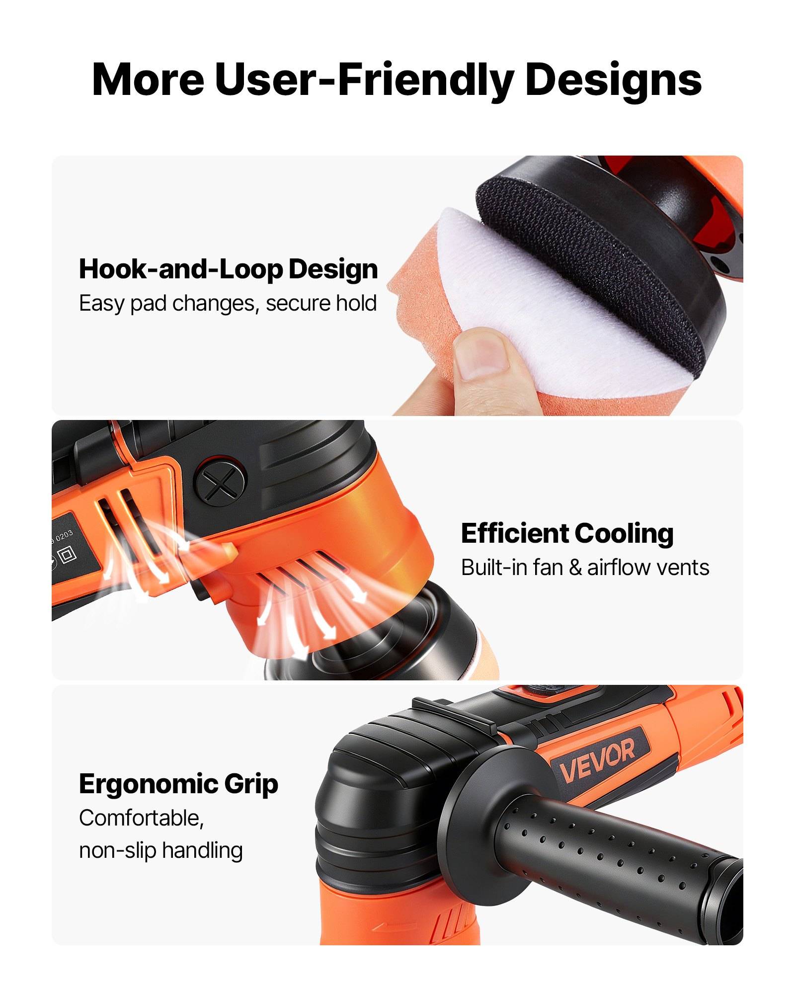 Werbegrafik mit dem Titel „Benutzerfreundlichere Designs" mit drei Produktmerkmalen: Klettverschluss-Design für einfachen Austausch der Pads, effiziente Kühlung mit eingebautem Lüfter und Belüftungsöffnungen sowie ergonomischer rutschfester Griff.