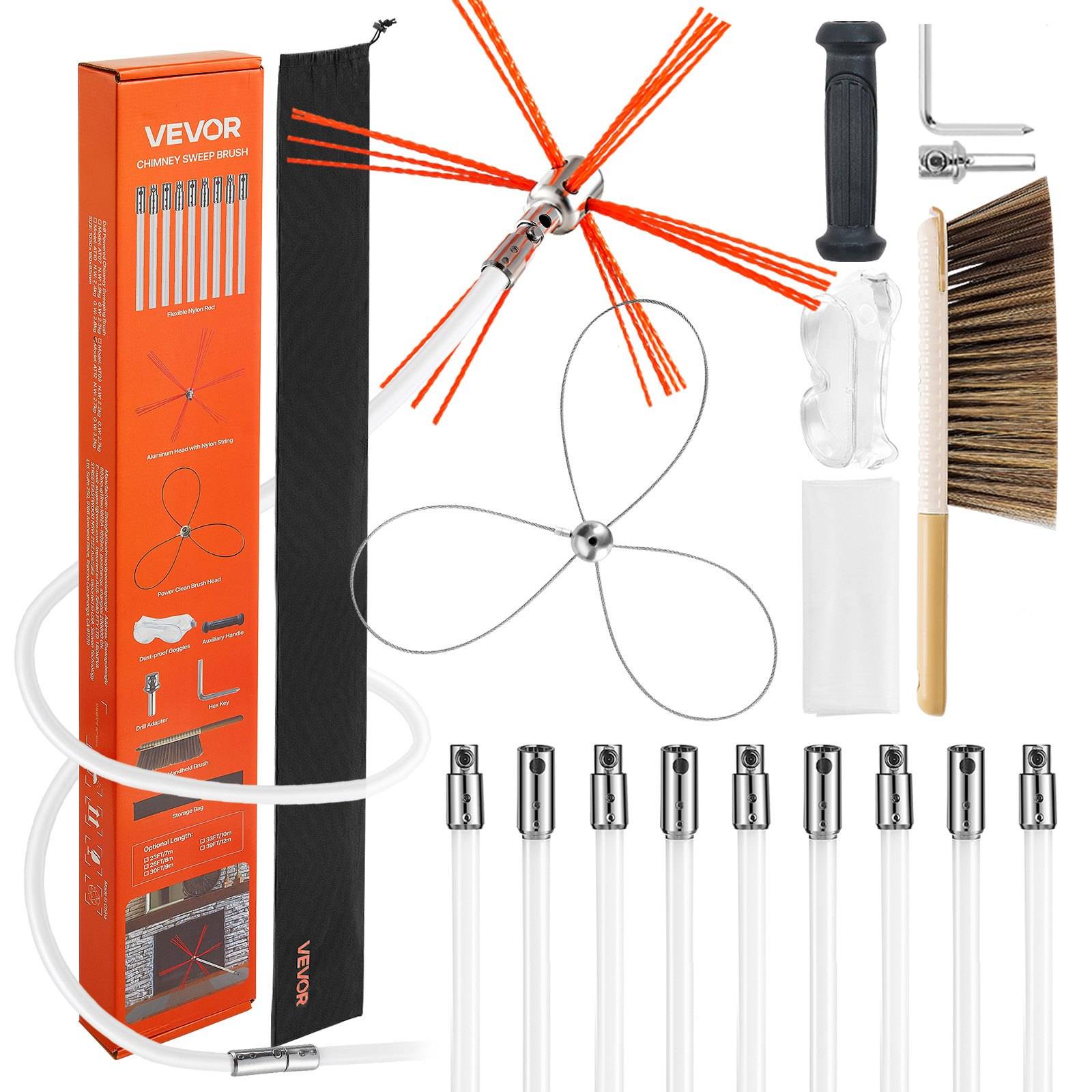 VEVOR Schornsteinfegerb Bürstenset mit orangefarbenen flexiblen Stangen, Bürstenköpfen, Griff und Zubehör, dargestellt neben der Produktverpackung.
