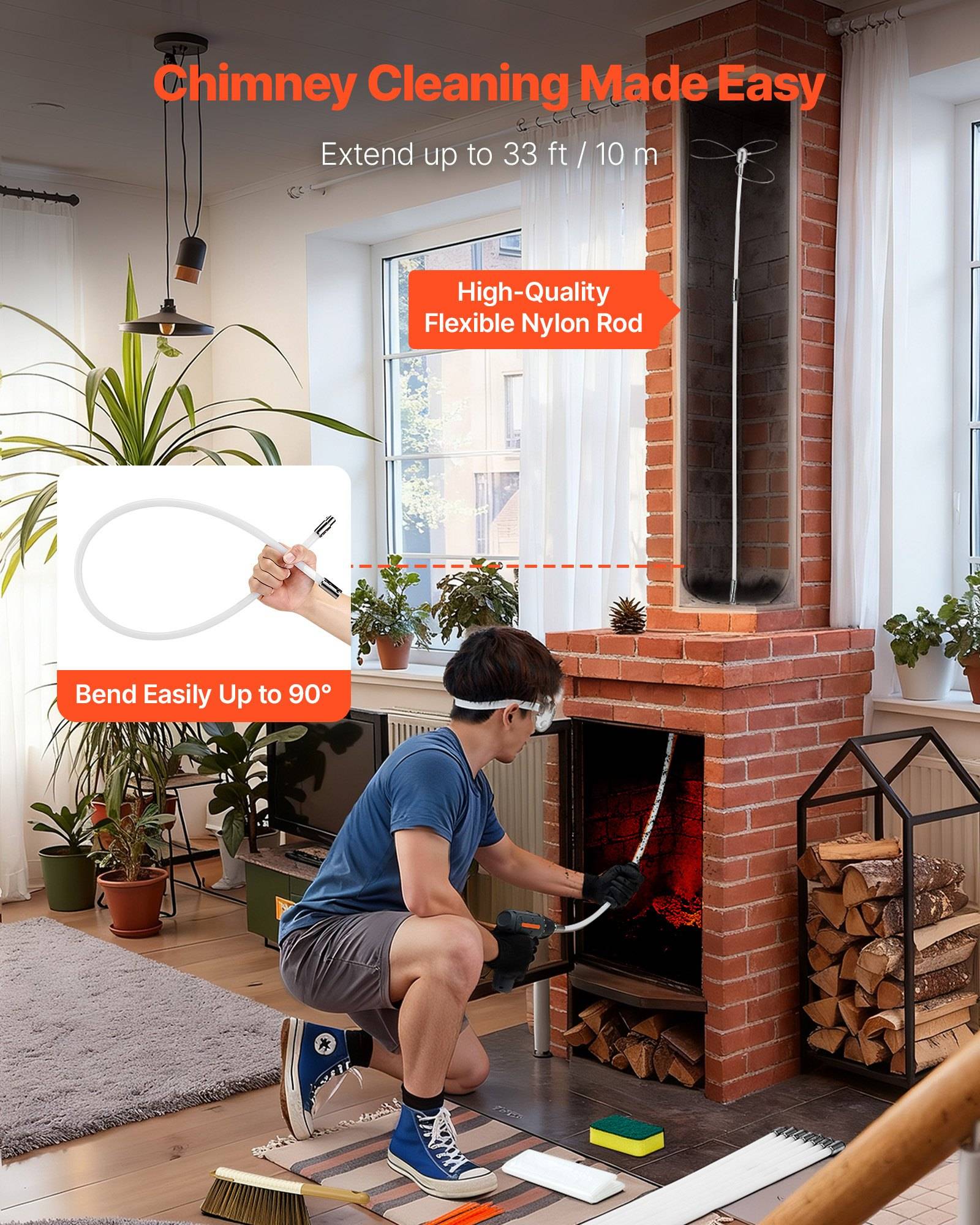 Mann reinigt einen Kaminschornstein mit einer flexiblen Stange; der Anzeigentext lautet „Schornsteinreinigung leicht gemacht", reicht bis zu 33 Fuß/10 m, biegt sich bis zu 90°.