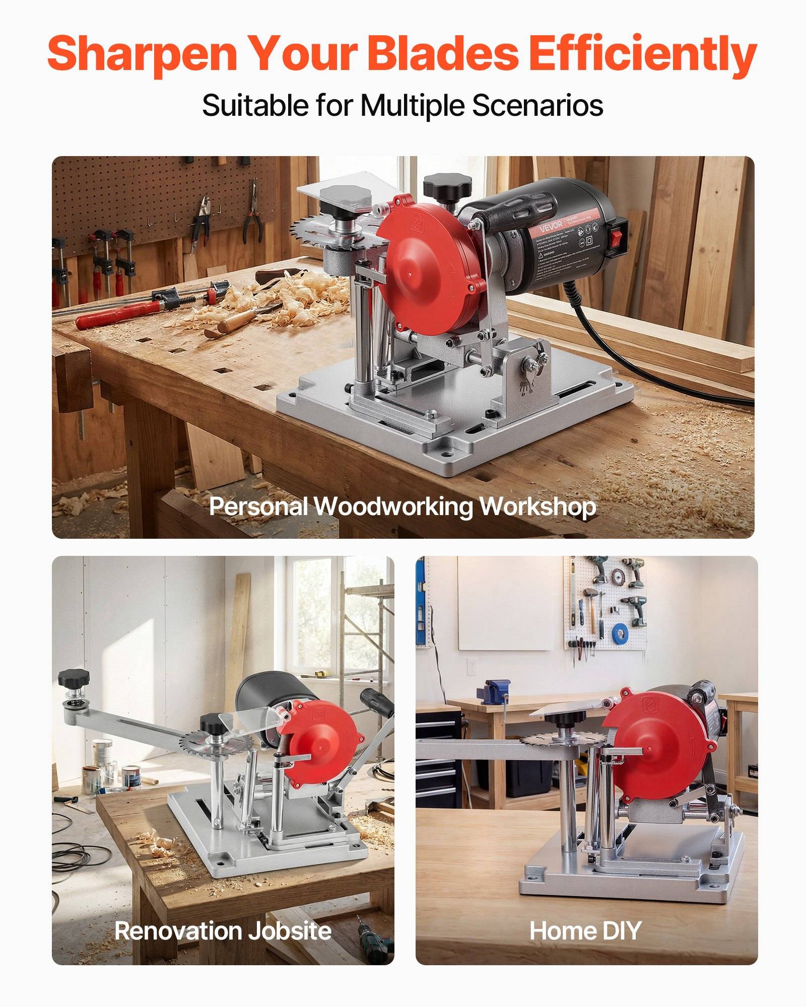 Werbegrafik einer tragbaren Messerschleifmaschine, die in einer Holzbearbeitungswerkstatt, auf einer Renovierungsbaustelle und in einer heimischen DIY-Einrichtung verwendet wird.