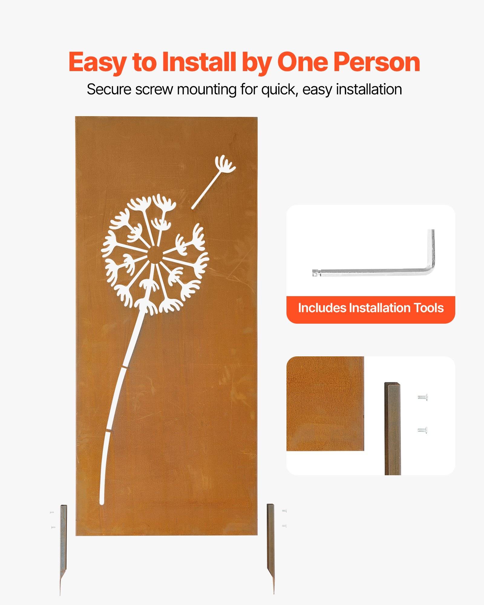 Werbegrafik zeigt ein Wandkunst-Panel mit Löwenzahn-Design, das von einer Person installiert wird, mit dem Text „Einfach von einer Person zu installieren