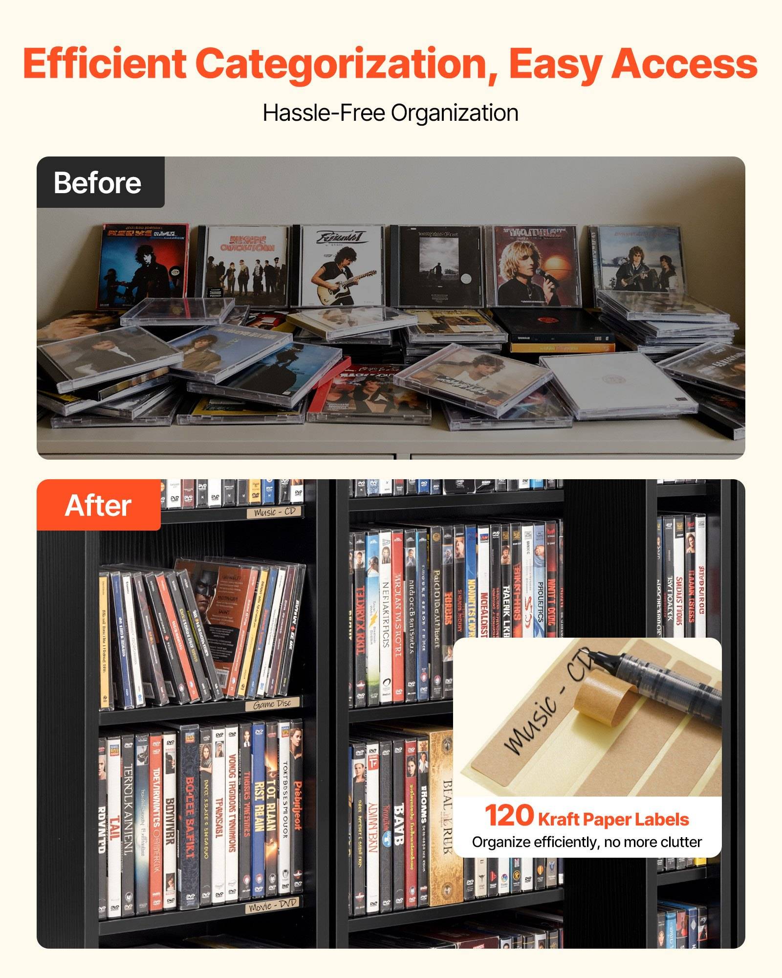 Vorher-und-Nachher-Bild, das unordentlich gestapelte CDs auf einem Tisch im Vergleich zu ordentlich organisierten CDs in beschrifteten Regalen mit Kraftpapieretikett zeigt, um einen einfachen Zugriff zu ermöglichen.