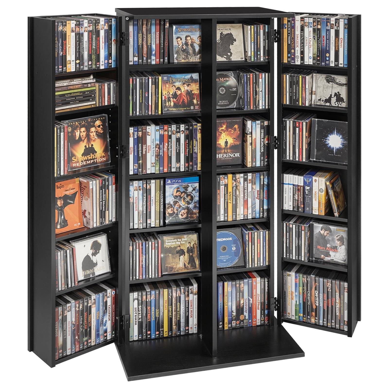 Schwarzer Medienspeicherschrank mit vier beweglichen Regalen, gefüllt mit DVDs und Blu-ray-Gehäusen, die in Reihen angeordnet sind.