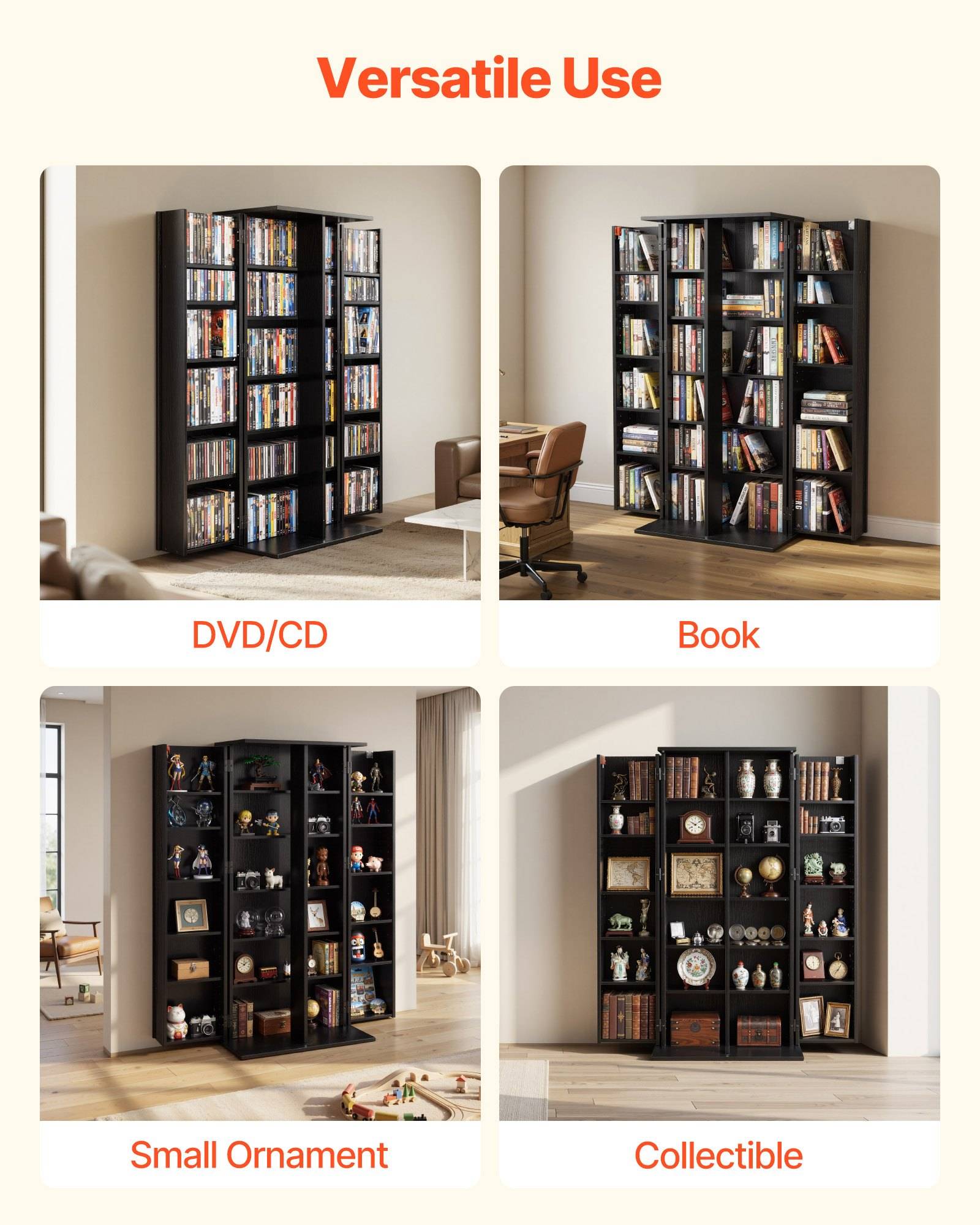 Vielseitige Verwendung – ein Bild zeigt die gleiche schwarze Regaleeinheit, die für DVDs/CDs, Bücher, kleine Zierrat und Sammlerobjekte verwendet wird.