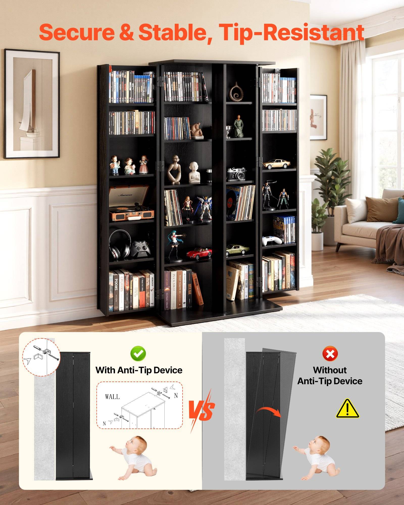 Schwarzer 5-Regal-Vitrinenschrank im Wohnzimmer, gekennzeichnet mit „Sicher & Stabil, Kippresistent", mit unteren Paneelen, die ein Anti-Kipp-Gerät mit und ohne zeigen.