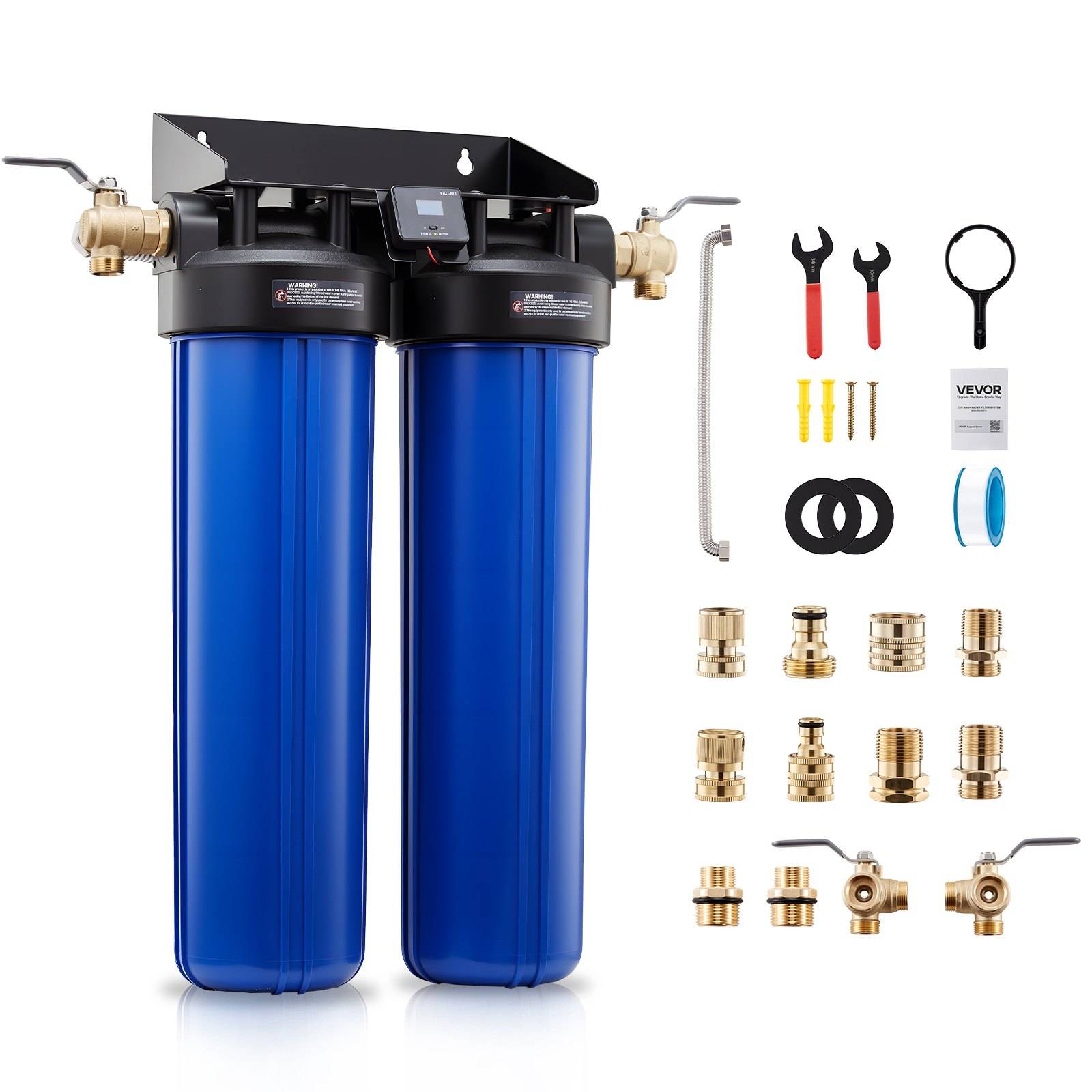 Duales blaues Ganzhauswasser-Filtersystem mit Messingventilen und Montagezubehör, abgebildet mit enthaltenen Werkzeugen, Dichtungen, Armaturen und Bedienungsanleitung.