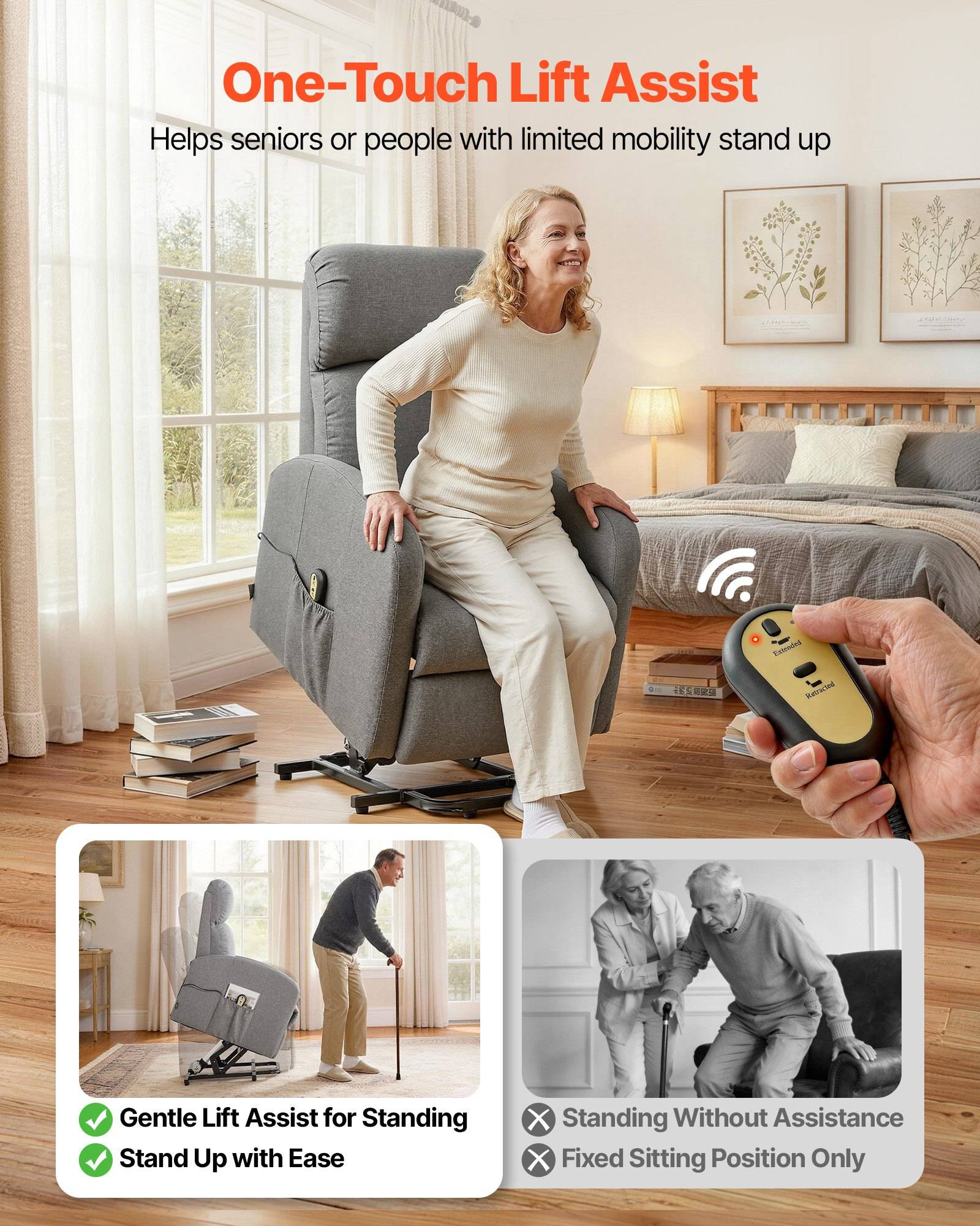 Anzeige für „One-Touch Lift Assist" Sessel: Eine Frau erhebt sich aus einem Liegestuhl mit einer tragbaren Fernbedienung, mit Detailbildern, die sanfte Hebeunterstützung und eigenständiges Aufstehen zeigen.