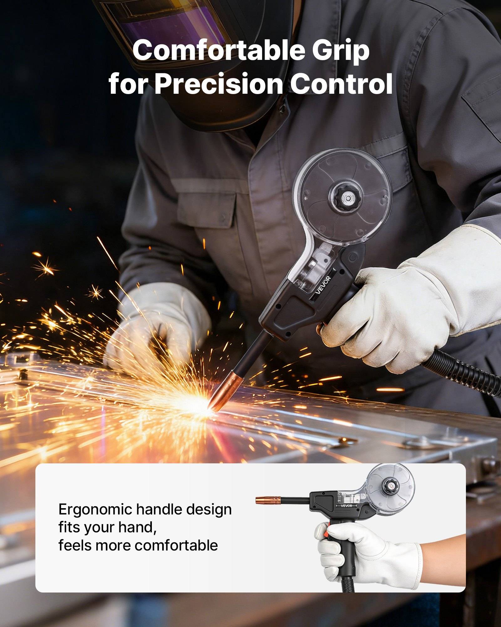 Industriearbeiter, der einen Winkelschleiffer mit fliegenden Funken benutzt, dargestellt als Werkzeug mit ergonomischem Griff für präzise Kontrolle; Ausschnitt hebt das ergonomische Griffdesign hervor.