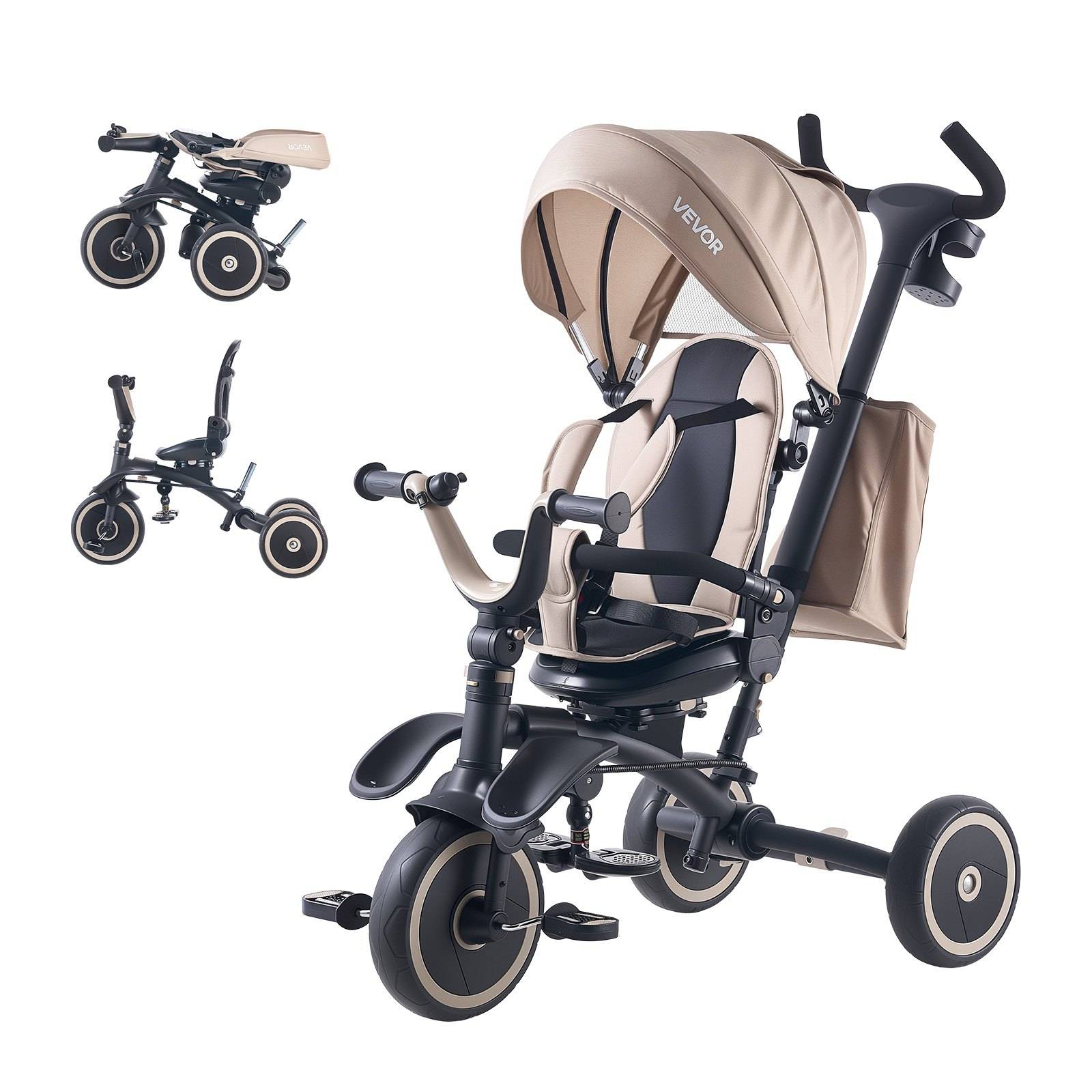 Beige und schwarzer LEVOR Dreirad-Kinderwagen mit Verdeck und Kindersitz, dargestellt in montiertem Zustand und in zwei eingeklappten oder alternativen Konfigurationen auf weißem Hintergrund.