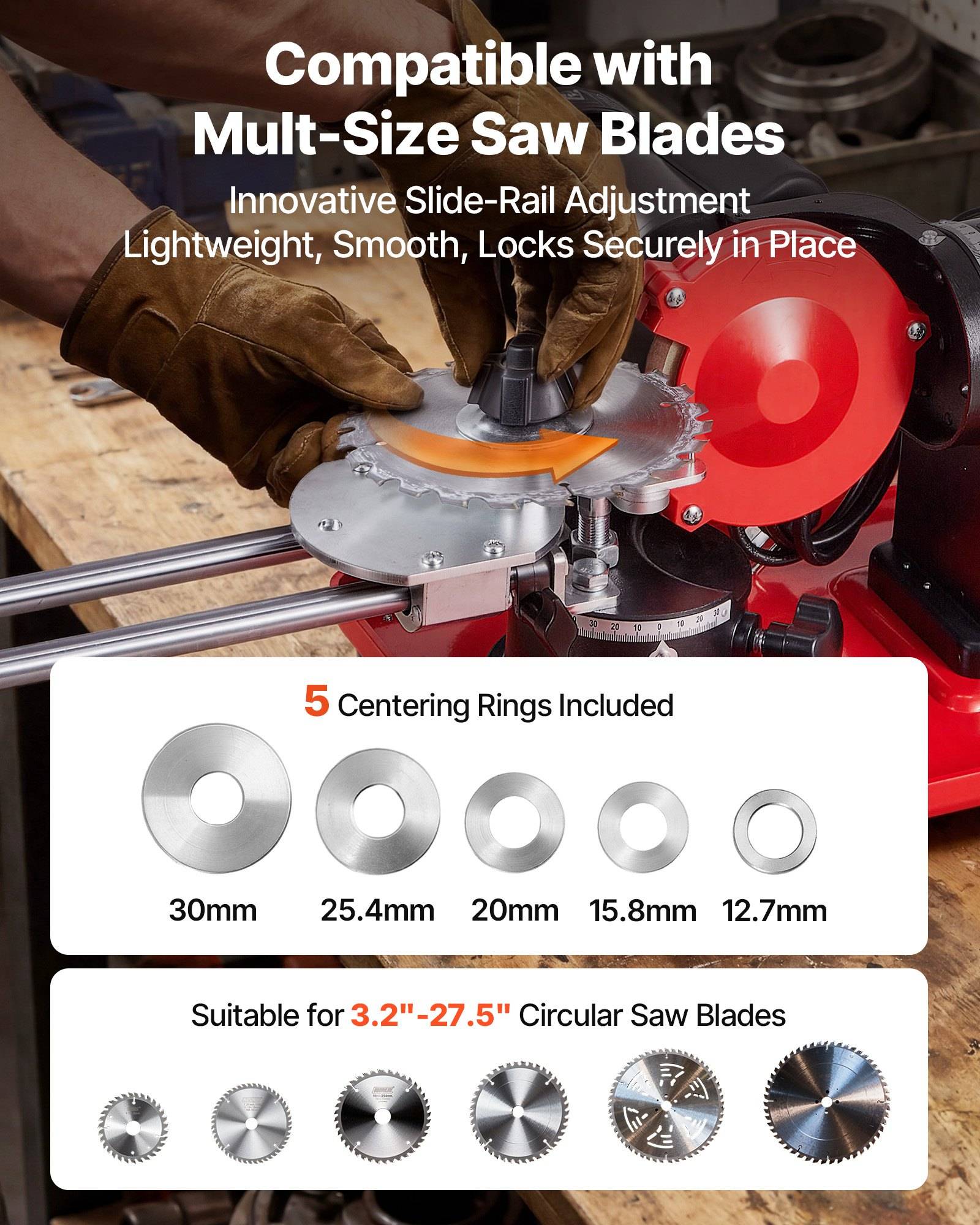 Werbebild eines Sägeblatt-Adapters bei der Installation, mit Text: „Kompatibel mit Sägeblättern in verschiedenen Größen", „Innovative Schienen-Verstellsystem"" und Zentrierringe von 30mm bis 12,7mm für Kreissägeblätter von 3,2"" bis 27,5"".
