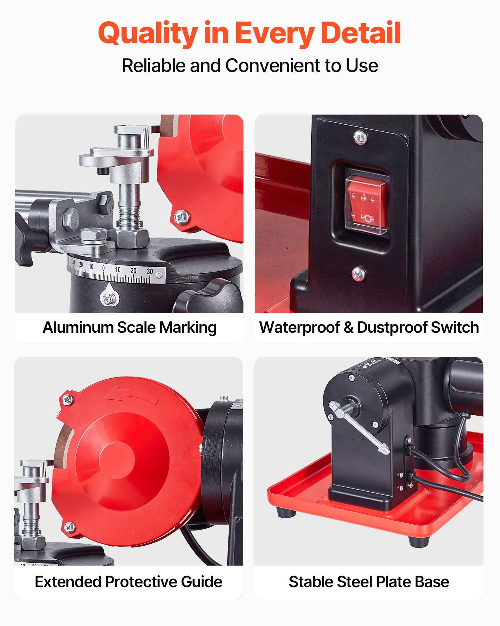 Werbegrafik für eine Werkzeugmaschine, die "Qualität in jedem Detail"" hervorhebt, mit vier Funktionen: Aluminiumskalengravur, wasserdichter Schalter, verlängerte Schutzführung und stabiler Stahlplattenboden.