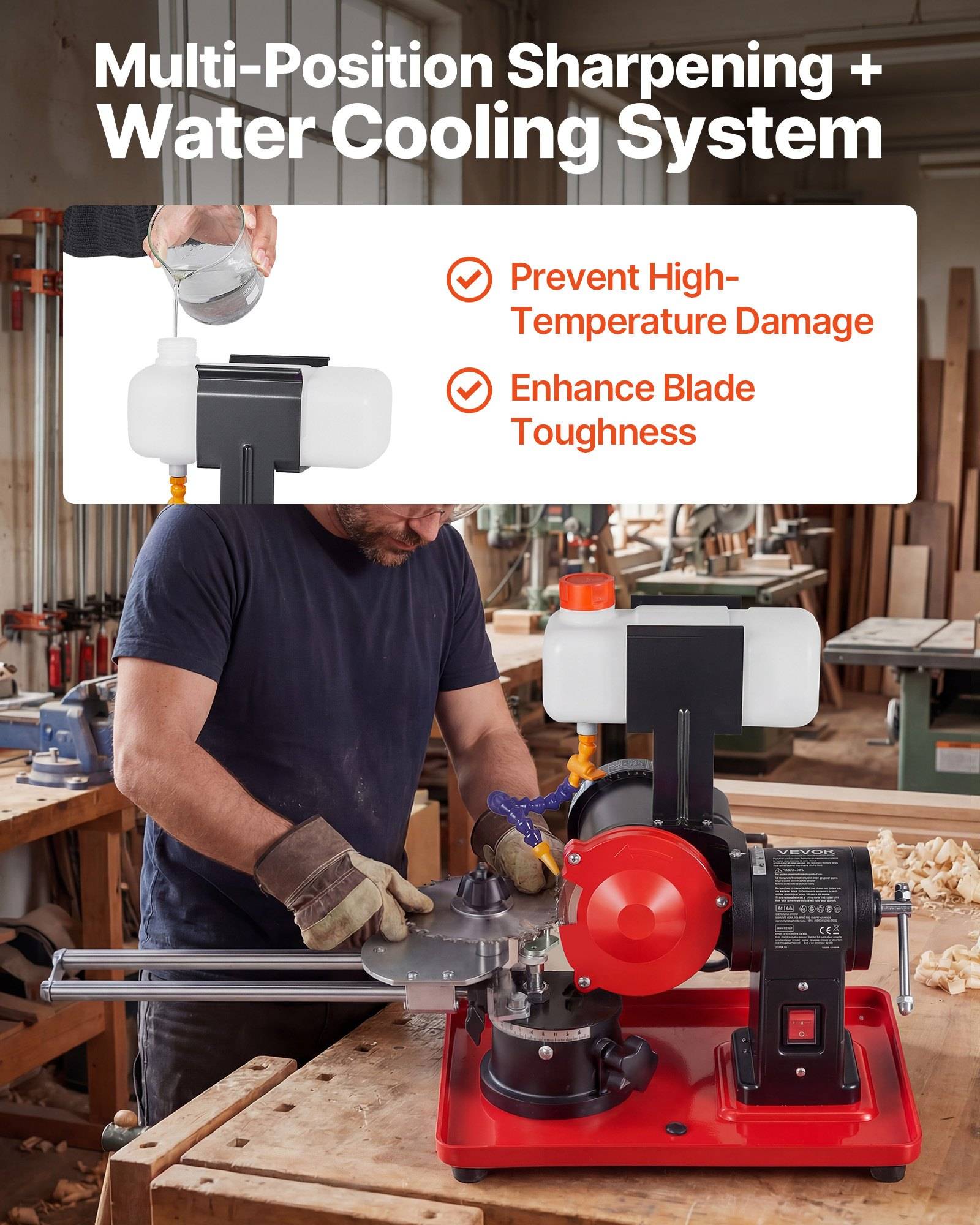 Plakat, das ein "Multi-Positions-Schärfsystem + Wasserkühlung"" mit einem Arbeiter zeigt, der die Maschine bedient; der Text hebt die Vermeidung von Wärmeschäden und die Verbesserung der Klingenzähigkeit hervor.