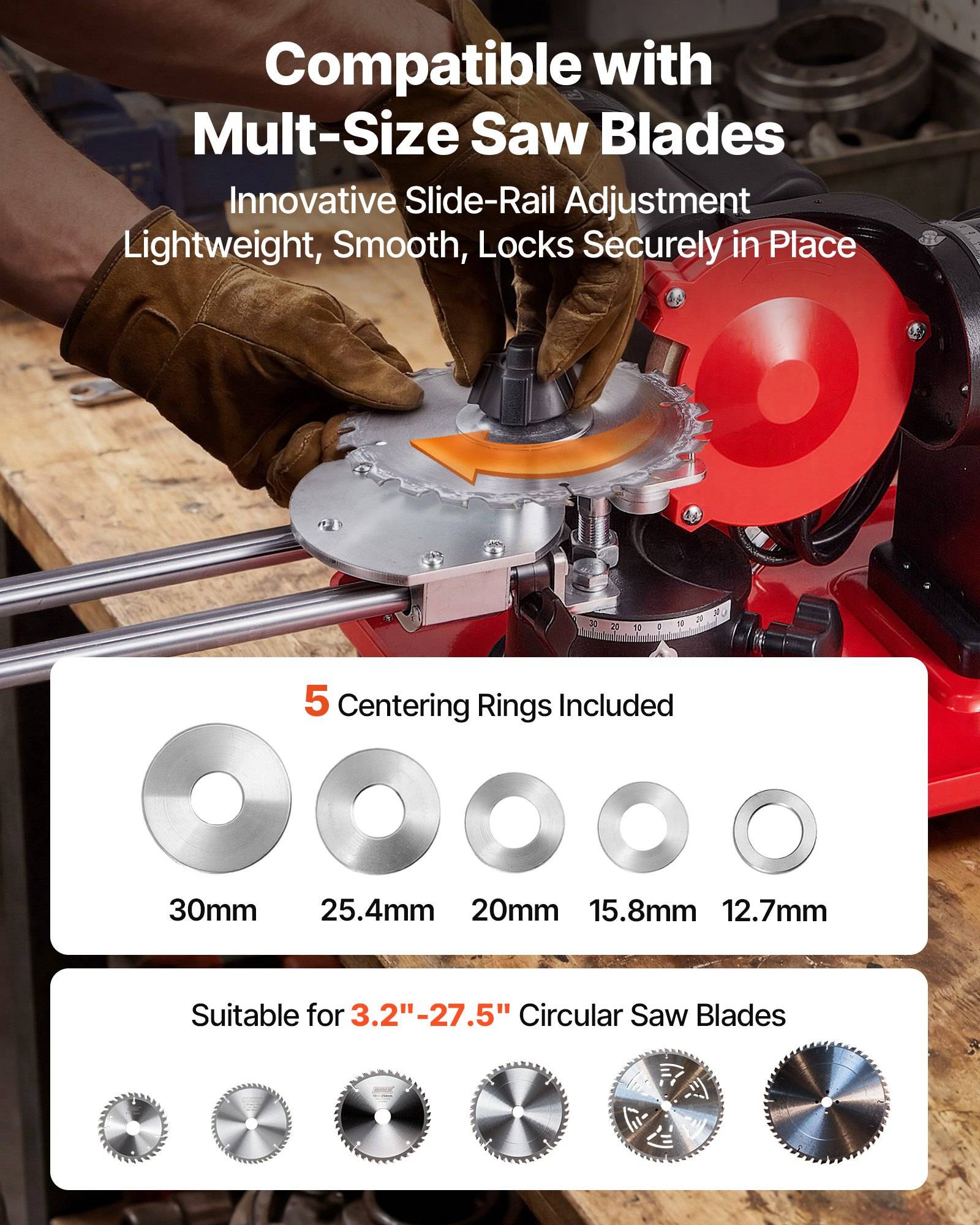 Angebot für einen Sägeblatt-Adapter mit Schienel-Einstellung und Zentrierringen; kompatibel mit Kreissägeblättern 3,2"-27,5"", enthält fünf Ringe von 12,7mm bis 30mm.