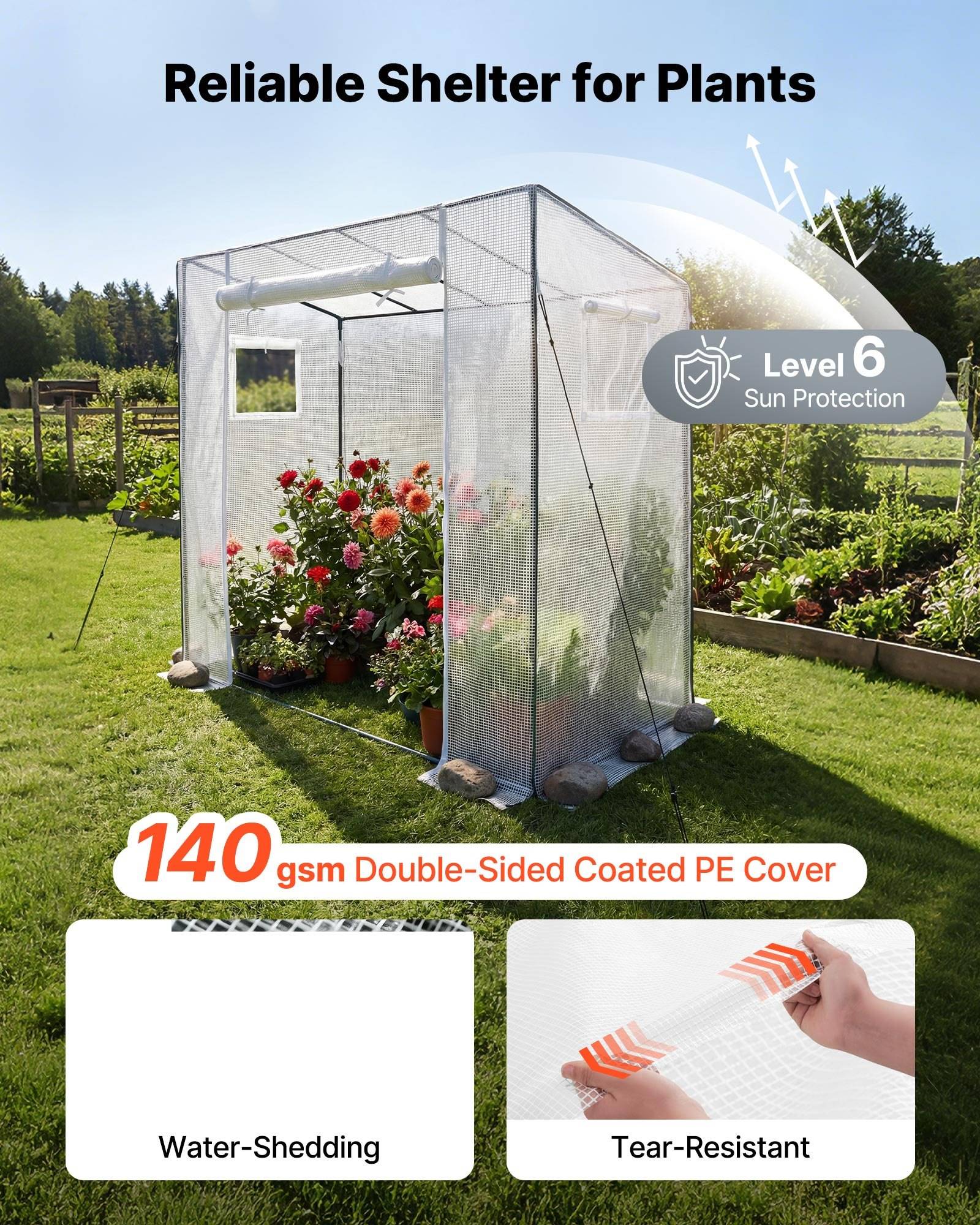 Werbebild eines kleinen Gartengewächshauses mit Blumen, beschriftet mit „Zuverlässiger Schutz für Pflanzen" und „Sonnenschutz Stufe 6"", das eine 140 gsm doppelseitig beschichtete PE-Abdeckung hervorhebt, die wassabweisend und reißfest ist.