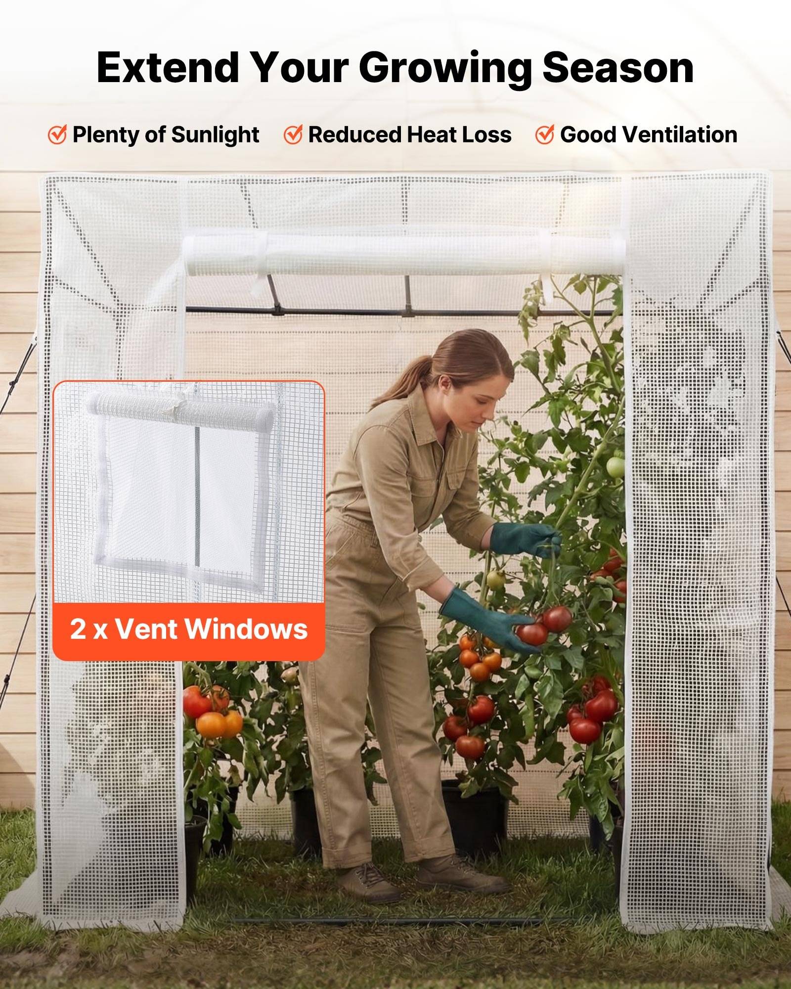 Angebot für ein Gitter-Gewächshaus mit '2 x Lüftungsfenstern', das einen Gärtner beim Ernten von Tomaten zeigt und eine verlängerte Wachstumssaison, Sonnenlicht, reduzierte Wärmeverluste und Belüftung bewirbt.