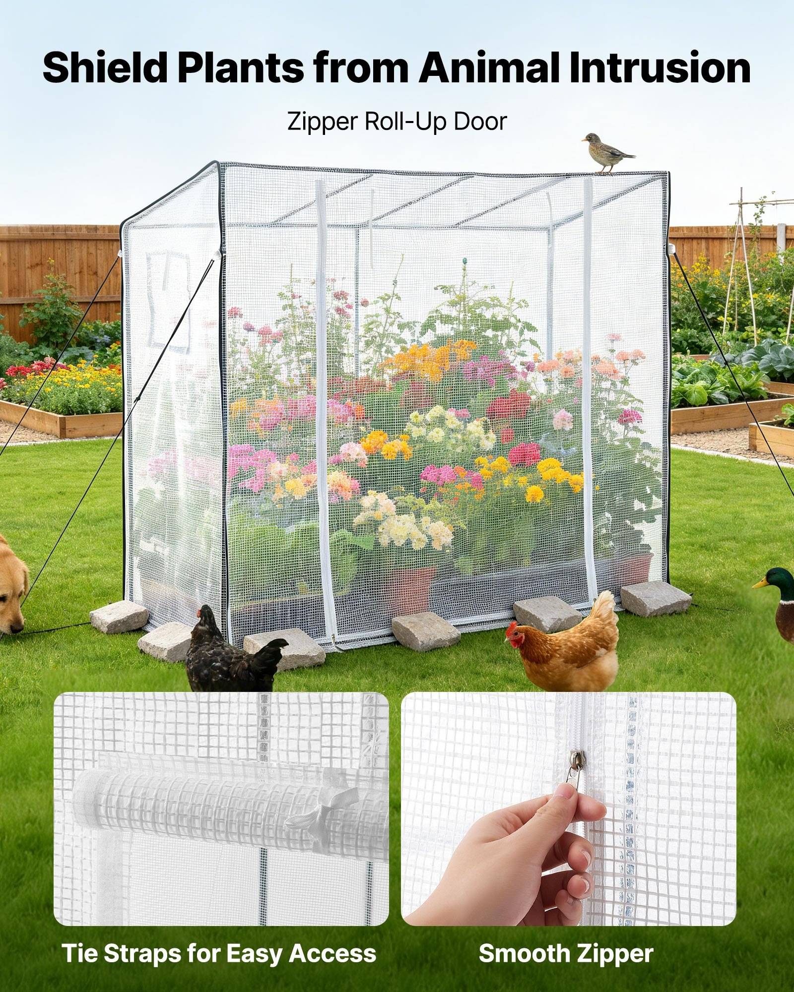 Gartengewächsgehäuse mit Netz-Reißverschlussgitter-Aufrollbahn, abgebildet beim Schutz von Blumen vor Tieren; Nahaufnahmen zeigen Binderiemen für einfache Zugänglichkeit und einen glatten Reißverschluss.