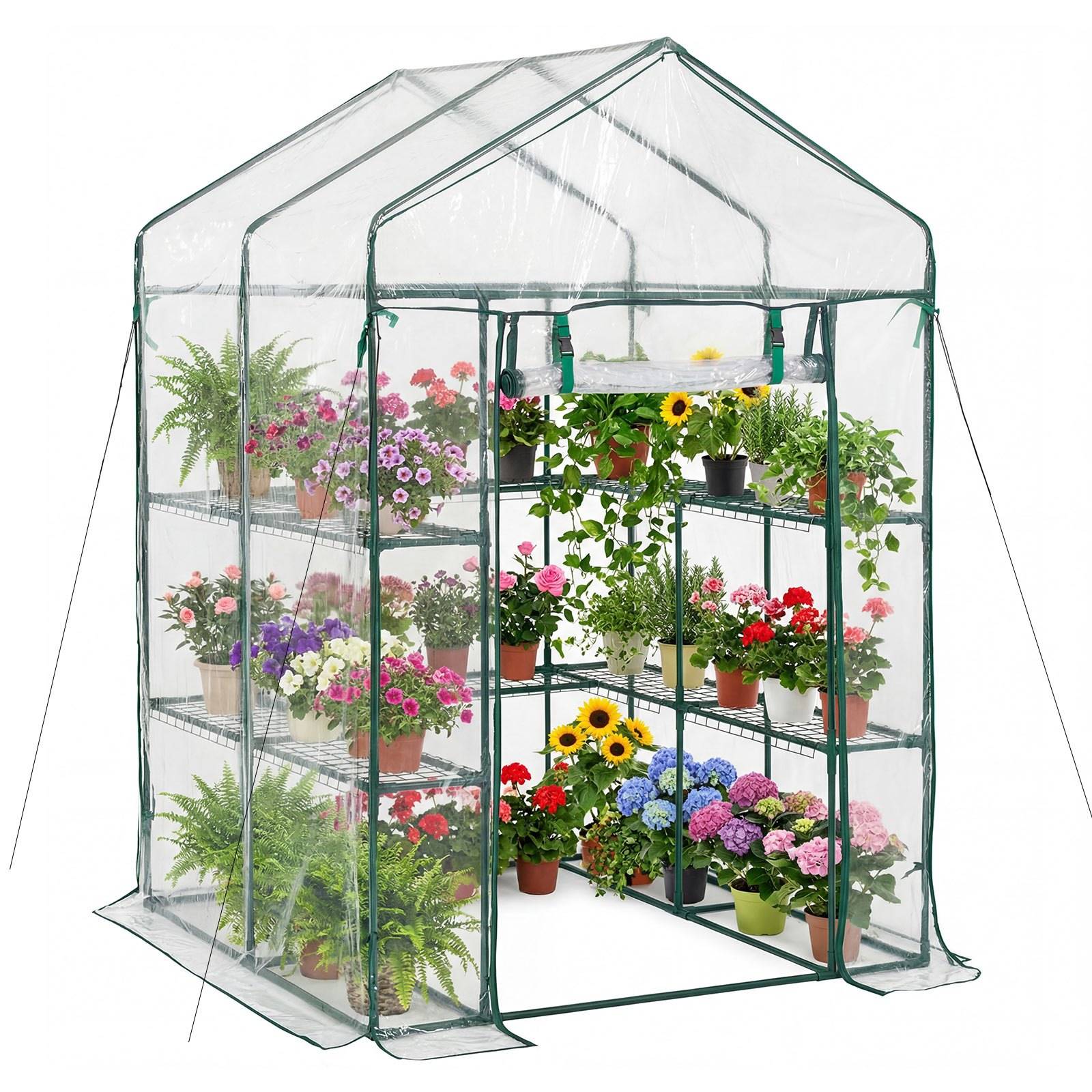 Tragbares Gewächshaus mit transparenter Reißverschlusshülle und Metallregalen gefüllt mit topfigen Blumen und Pflanzen.