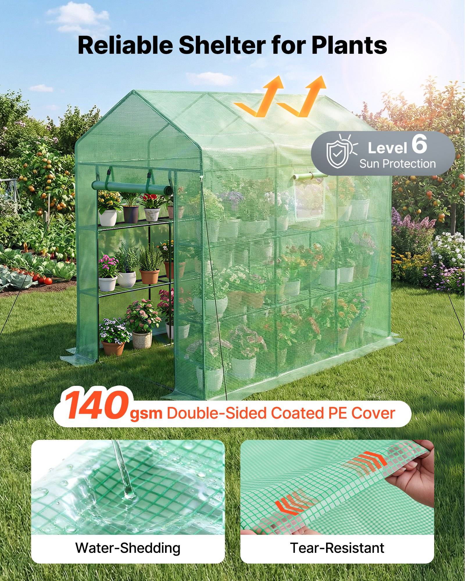 Grünes begehbares Gewächshaus in einem Garten, gekennzeichnet mit „Zuverlässiger Schutz für Pflanzen" und „Sonnenschutz Stufe 6"", mit 140 gsm doppelseitig beschichteter PE-Abdeckung, wasserfest und reißfest.