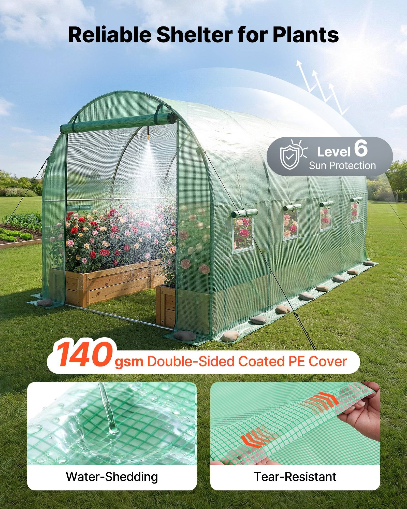 Angebot für ein grünes Gewächshaus mit Rosen, mit der Beschriftung "Zuverlässiger Schutz für Pflanzen"" und ""140 gsm doppelseitig beschichtete PE-Abdeckung"", das Sonnenschutz der Stufe 6, Wasserabweisung und reißfeste Eigenschaften hervorhebt.