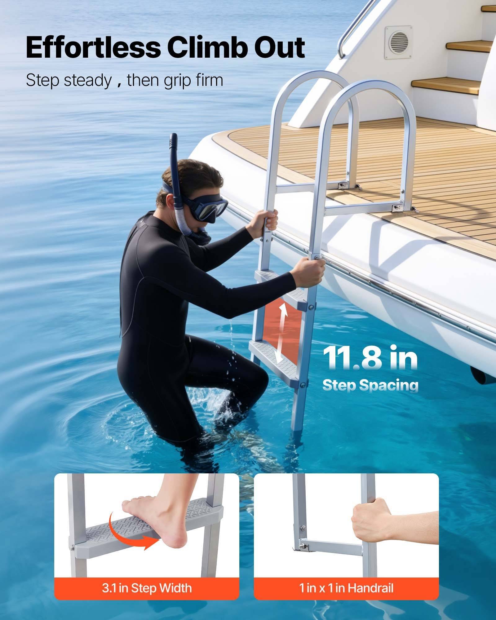 Illustration eines Tauchers, der eine Bootsleiter neben einer Yacht hinaufklettert, mit der Beschriftung „Müheloses Hinaufsteigen" und „Trittfläche stabilisieren, dann fest zugreifen"", mit Stufenabständen von 11,8 Zoll, Stufenbreite von 3,1 Zoll und Handlauf von 1 Zoll x 1 Zoll.