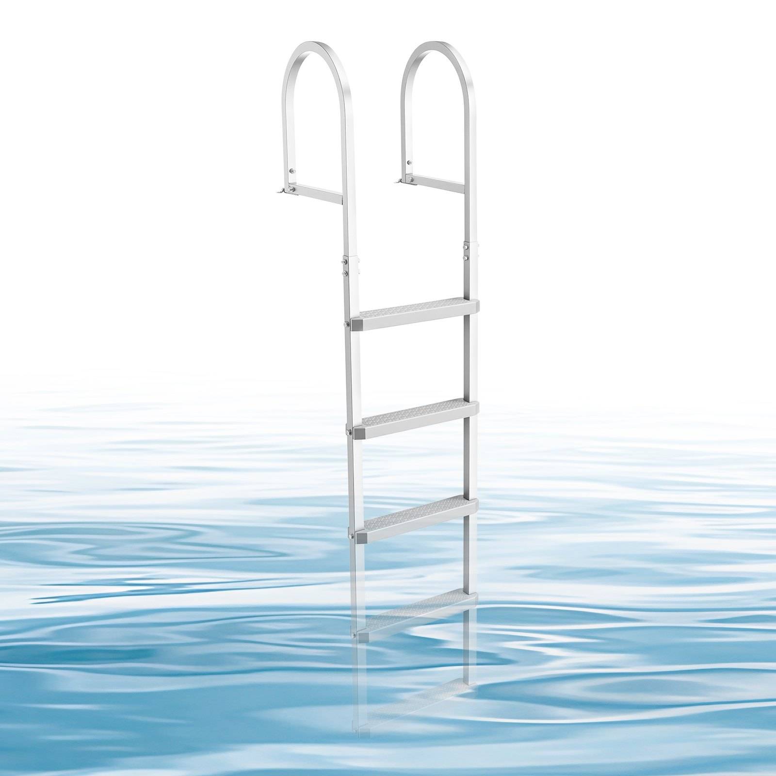Weiße Metallpoollleiter mit zwei Handläufen und drei Stufen, teilweise in blauem Wasser auf weißem Hintergrund versenkt.