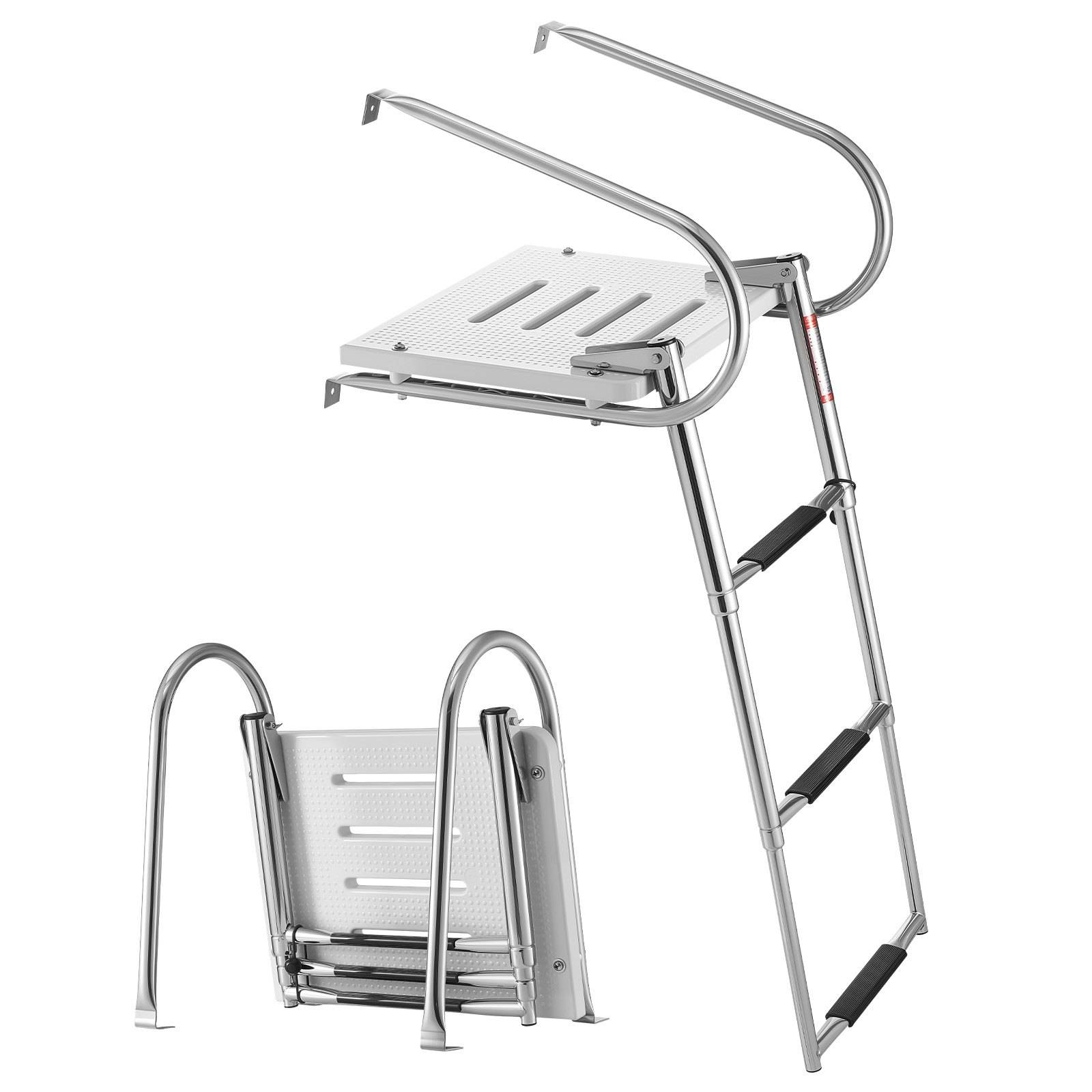 Klappbare Edelstahlpoolleiter mit zwei Handläufen und einer oberen Plattform, gezeigt in offener und kompakter zusammengeklappter Position.