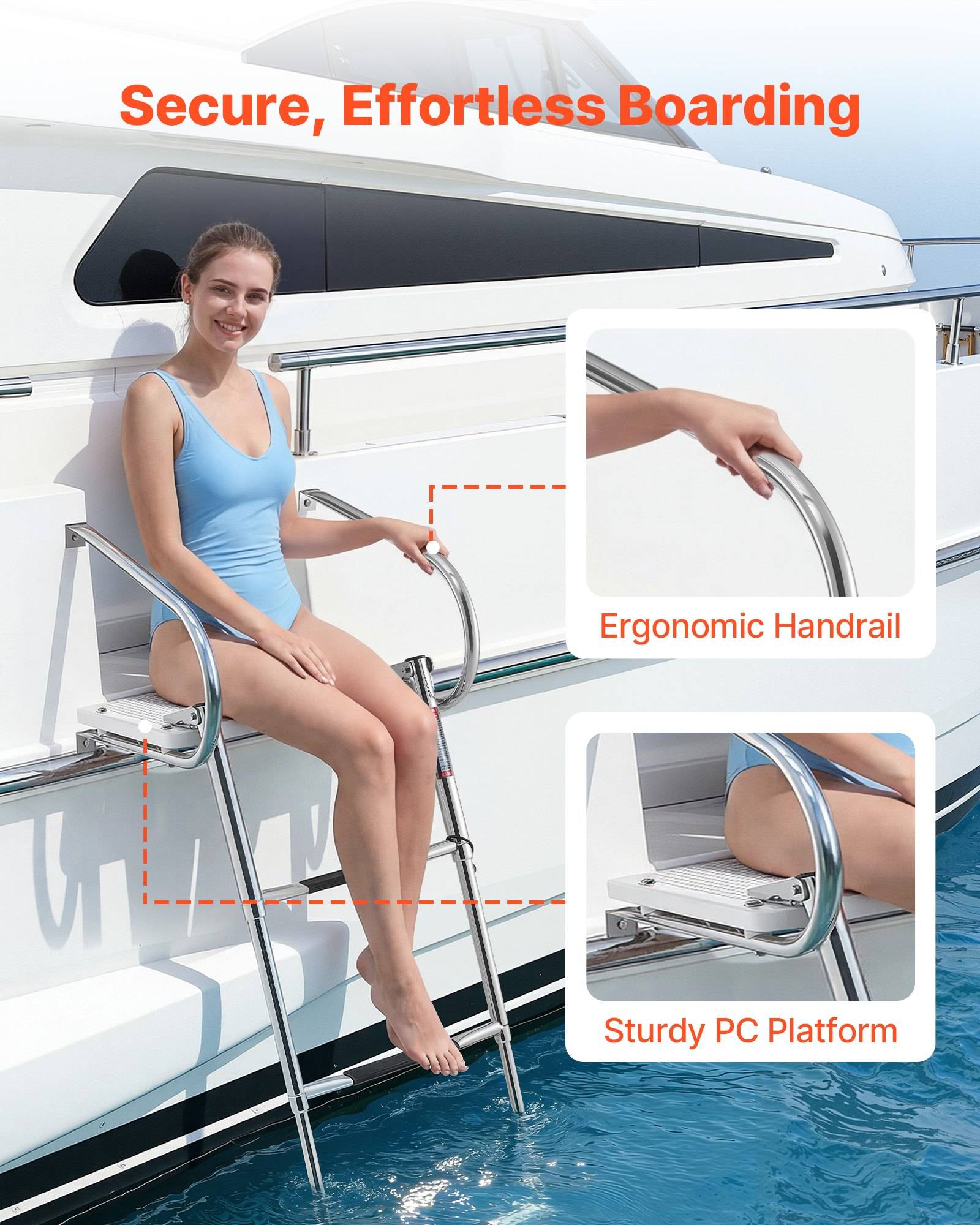 Frau besteigt eine Yacht mit einer klappbaren Badeleiter, mit Beschriftungen, die ein ergonomisches Handgeländer und eine robuste PC-Plattform hervorheben; die Überschrift lautet „Sicheres, müheloses Einsteigen".