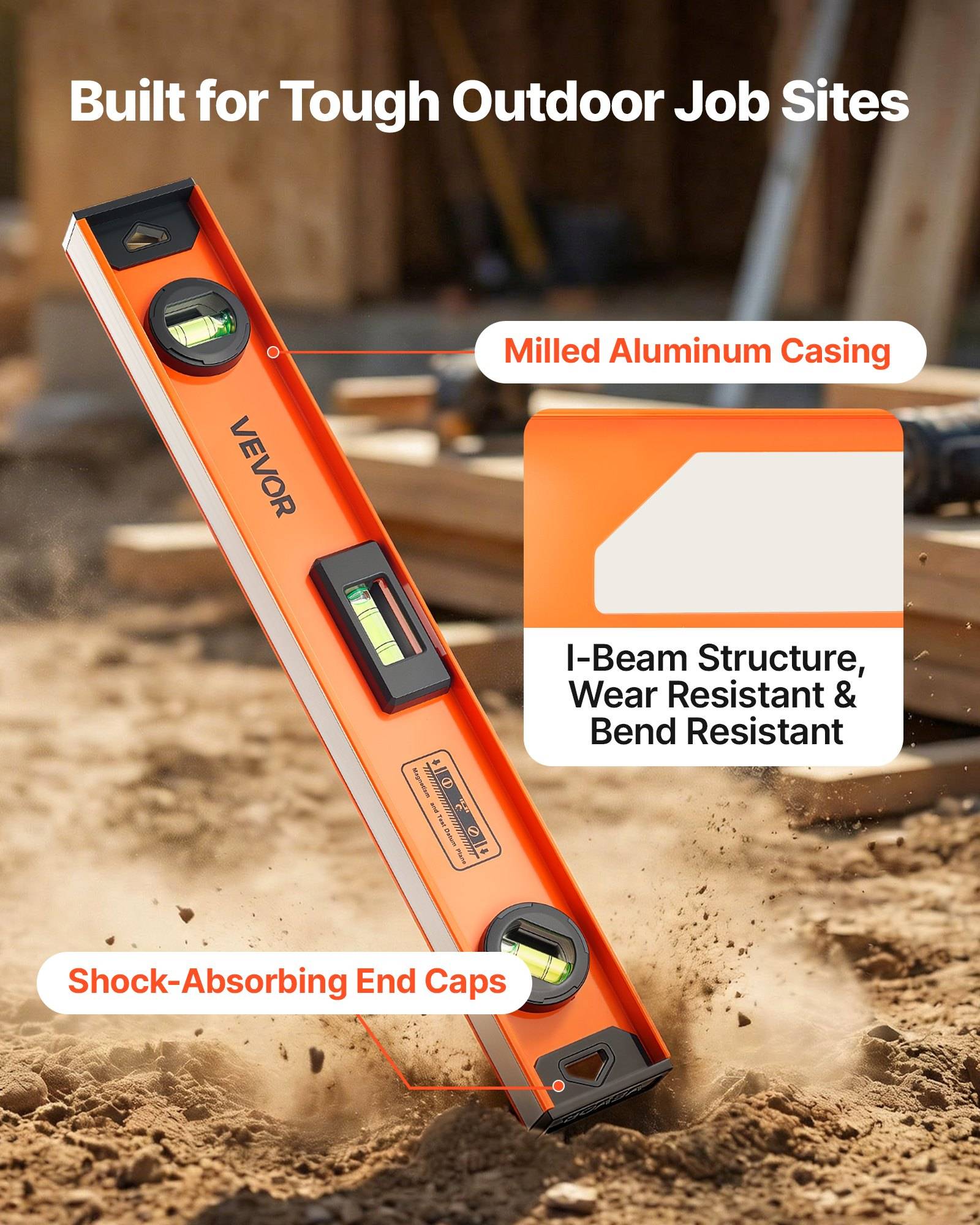 Orange VEVOR Wasserwaage auf einer Baustelle gezeigt, hervorgehoben als robust mit gefräster Aluminiumhülse, I-Trägerkonstruktion, Verschleißfestigkeit und stoßdämpfenden Endkappen.
