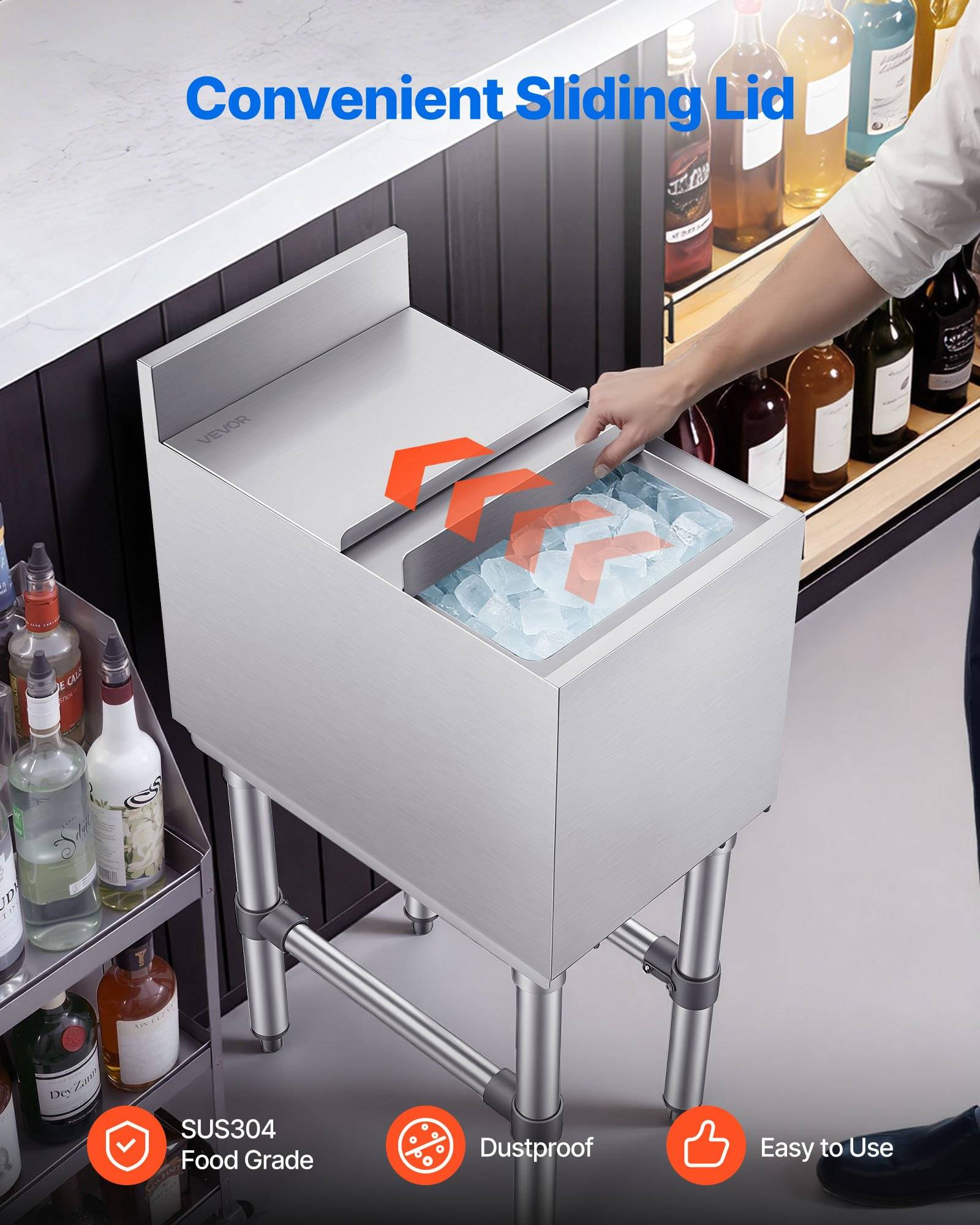 Hand öffnet eine Schiebdeckel-Isolierbox mit der Aufschrift "Convenient Sliding Lid"" in einer Alkoholgetränke-Ausstellung; Symbole weisen auf SUS304 Lebensmittelqualität, staubdicht, einfache Bedienung hin.