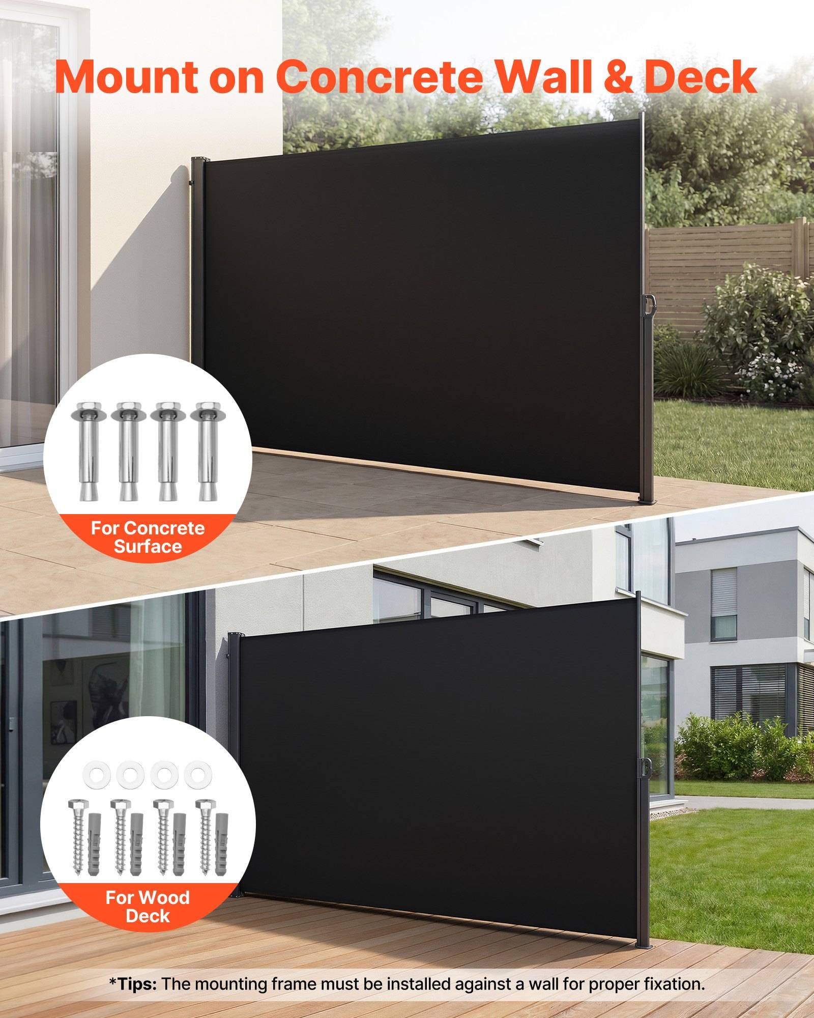 Sichtschutzwand für den Außenbereich, montiert an einer Betonwand und einer Holzterrasse, mit gekennzeichneter Hardware für Beton- und Holzoberflächen.