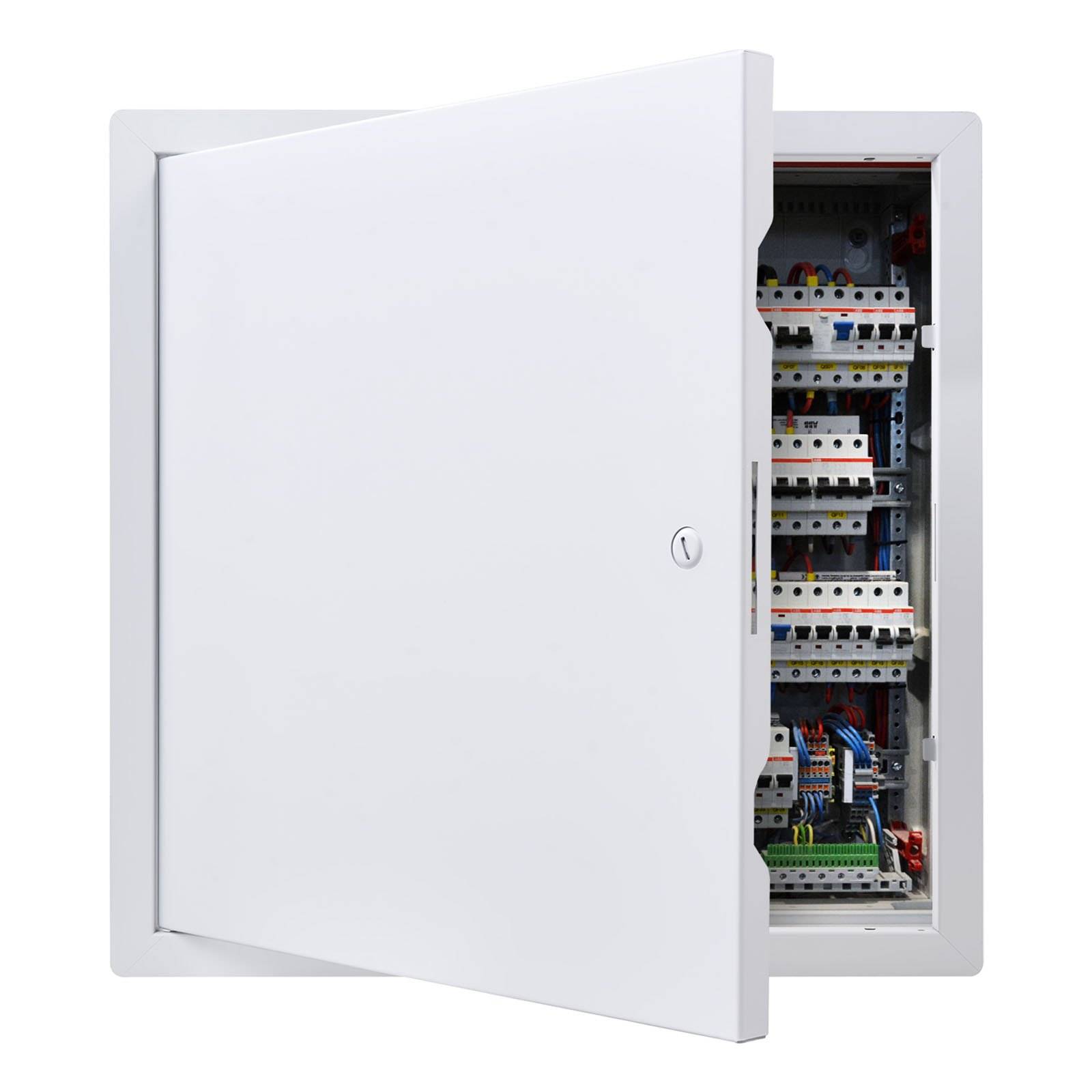Offenes weißes Elektroleistungsschalter-Panel mit sichtbaren Leistungsschaltern, Verdrahtung und Steuerkomponenten im Inneren.