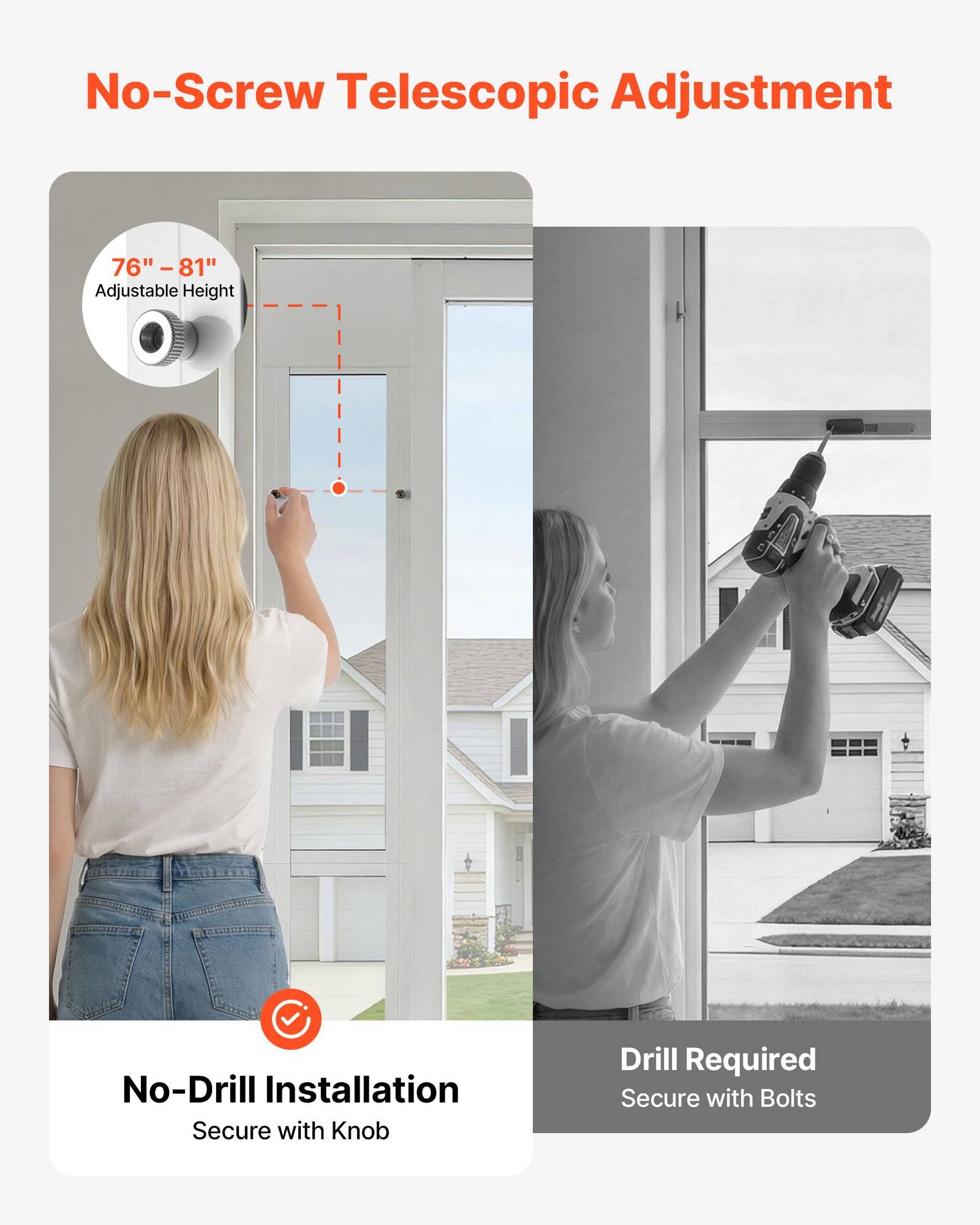 Produktgrafik zum Vergleich zwischen Installation ohne Bohren mit Knopf und Bolzeninstallation mit erforderlichem Bohren für einen ausziehbaren Türrahmen, mit verstellbarer Höhe von 76 bis 81 Zoll.