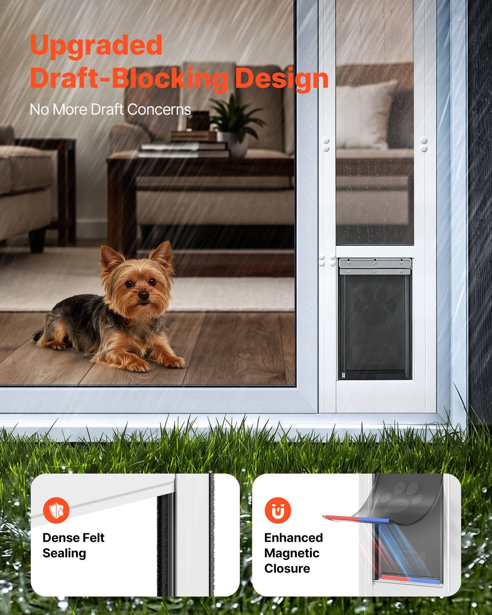 Anzeige zeigt eine Haustierklappe mit einem Hund innen, die das "Verbessertes Entwurfsblockendes Design"" und ""Dichtes Filzversiegelung"" sowie ""Verstärkte magnetische Verschluss"" hervorhebt, um Zugluft zu reduzieren.
