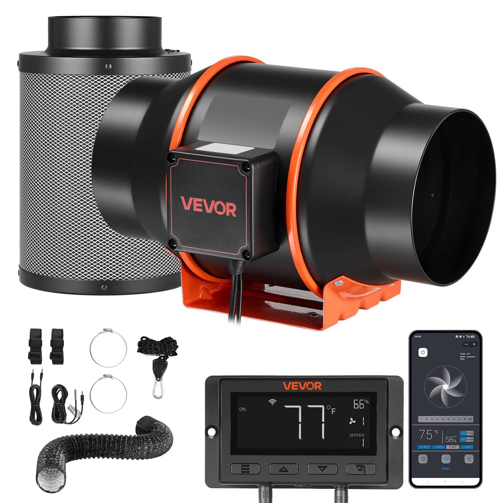 VEVOR Inline-Lüfter-Kit mit zylindrischem Lüfter, Kontrollpanel, Smartphone-App-Anzeige, Verkabelung, Klemmen und flexiblem Lüftungskanal-Zubehör.