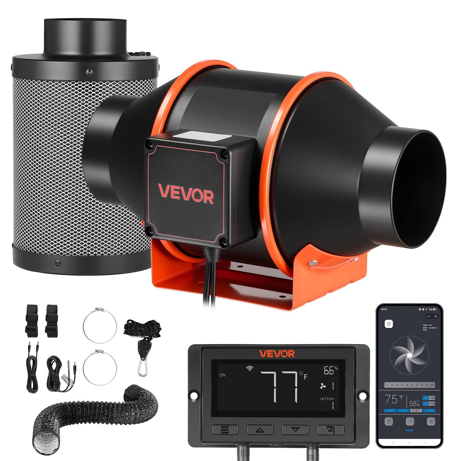 Produktbild eines VEVOR-Inline-Lüfter-Sets, das den Lüfter, Filter, Schlauch, Klemmen, Verdrahtung und eine Schnittstelle der digitalen Controller-App zeigt.