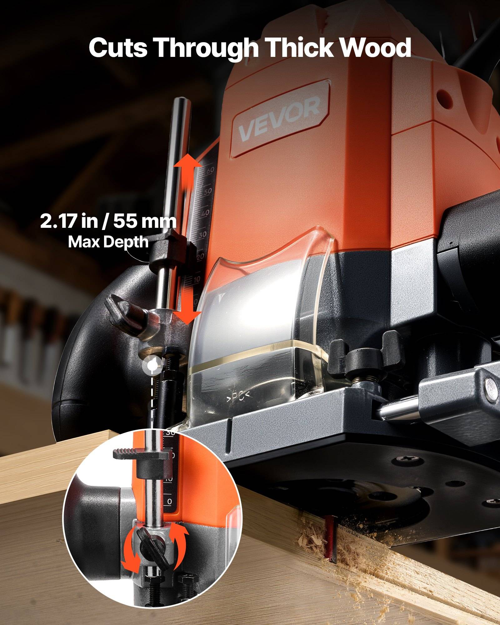 VEVOR Tauchfräser zum Fräsen von dickem Holz, gekennzeichnet mit „Schneidet dickes Holz" und „2,17 Zoll / 55 mm maximale Tiefe"", mit einer Vergrößerung zur Tiefeneinstellung.