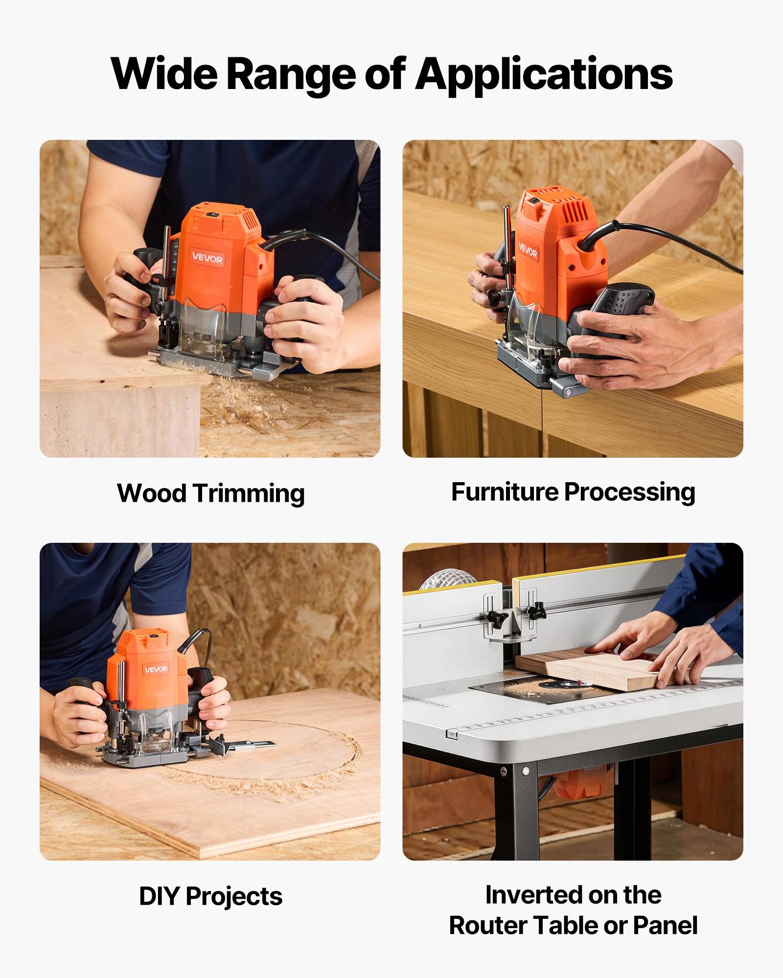 Promotives Kollage mit dem Titel „Breites Spektrum von Anwendungen" zeigt einen orangefarbenen tragbaren Holzfräser, der zum Holztrimmen, zur Möbelverarbeitung, für DIY-Projekte verwendet wird und auf einem Frästisch für Plattenarbeiten montiert ist.